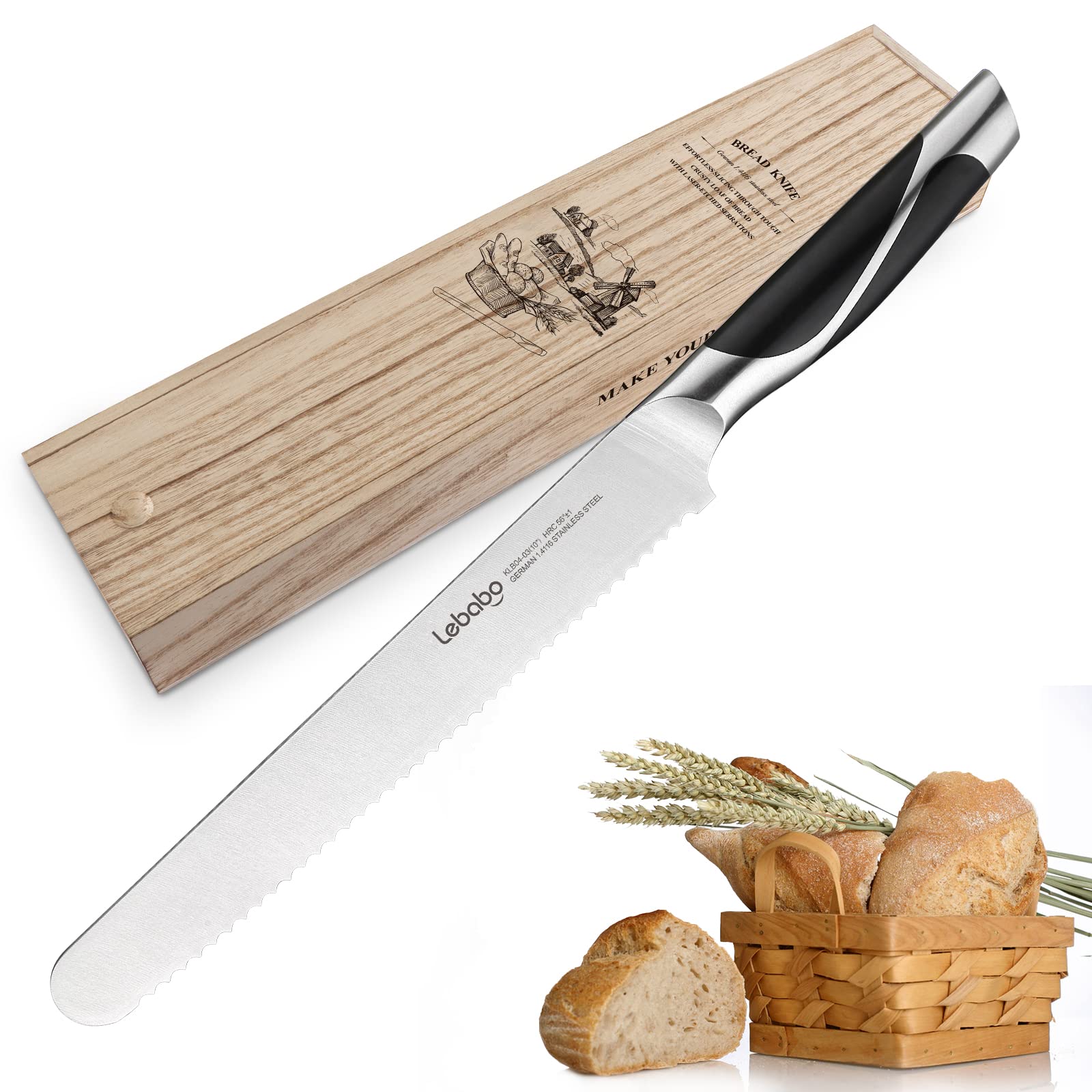 LEBABO 10-Inch Serrated Bread Knife - Professional German High-Carbon Steel Cake & Bagel Knife with Wavy Edge - Ergonomic Handle & Wooden Gift Box - Perfect for Slicing Homemade Bread, Cakes, Pastries & Bagels