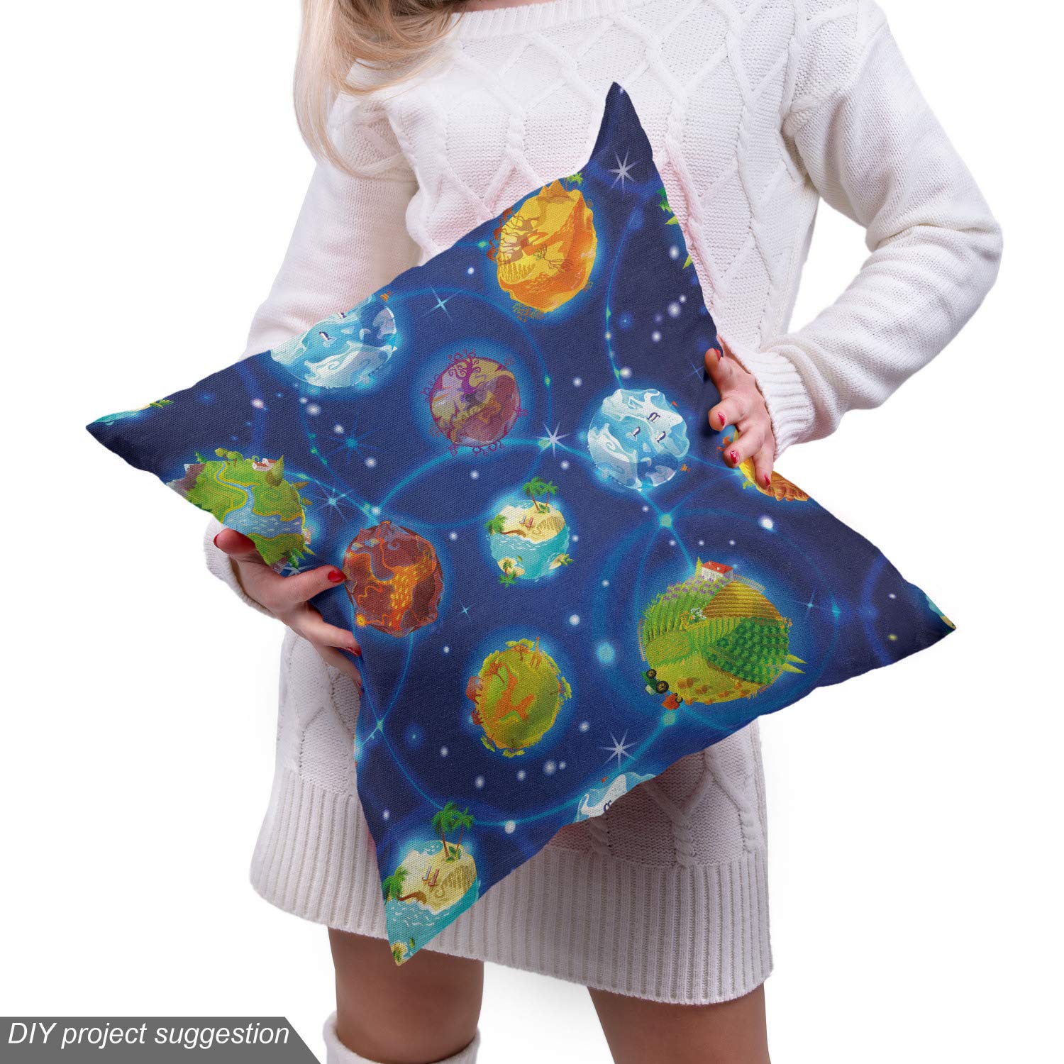 Ambesonne Space Fabric by The Yard - Cartoon Galactic Theme with Earth, Planets & Stars - Cobalt Blue Decorative Fabric for Upholstery, Curtains & DIY Home Decor (10 Yards) - Perfect for Kids' Rooms, Sci-Fi Themed Decor & Craft Projects