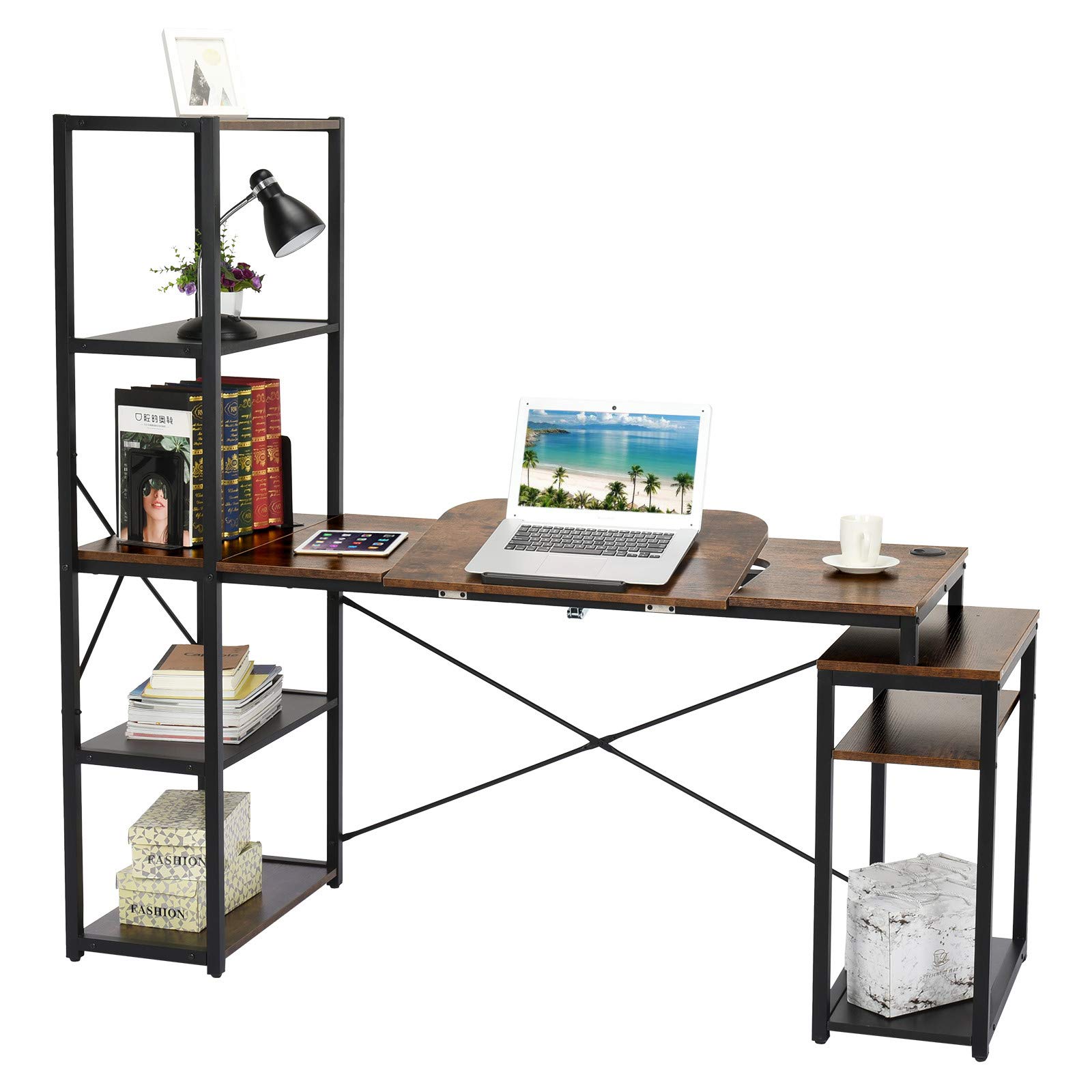 Multifunctional Computer Desk with 5-Tier Shelves - Ergonomic Home Office Workstation, Study Desk & Drafting Table for Artists - Perfect for Small Spaces, Gaming Setup & Remote Work