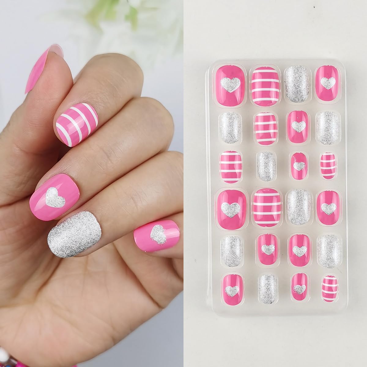 120-Piece Heart Pattern Press-On Fake Nails for Kids - Pre-Glued Short Oval Artificial Nails, Full Cover Acrylic Stick-On Nail Tips Kit for Little Girls - Perfect for Birthday Parties, Playdates & Dress-Up