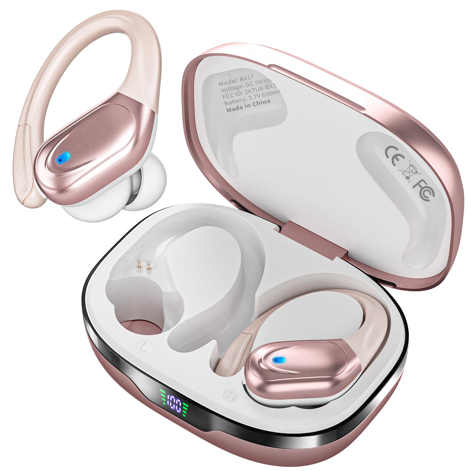 Wireless Bluetooth Earbuds with 80H Playtime, Noise Cancelling Mic & Power Display - Secure Earhooks for Running, Workouts & Sports | Perfect for Gym, Commuting & Outdoor Activities