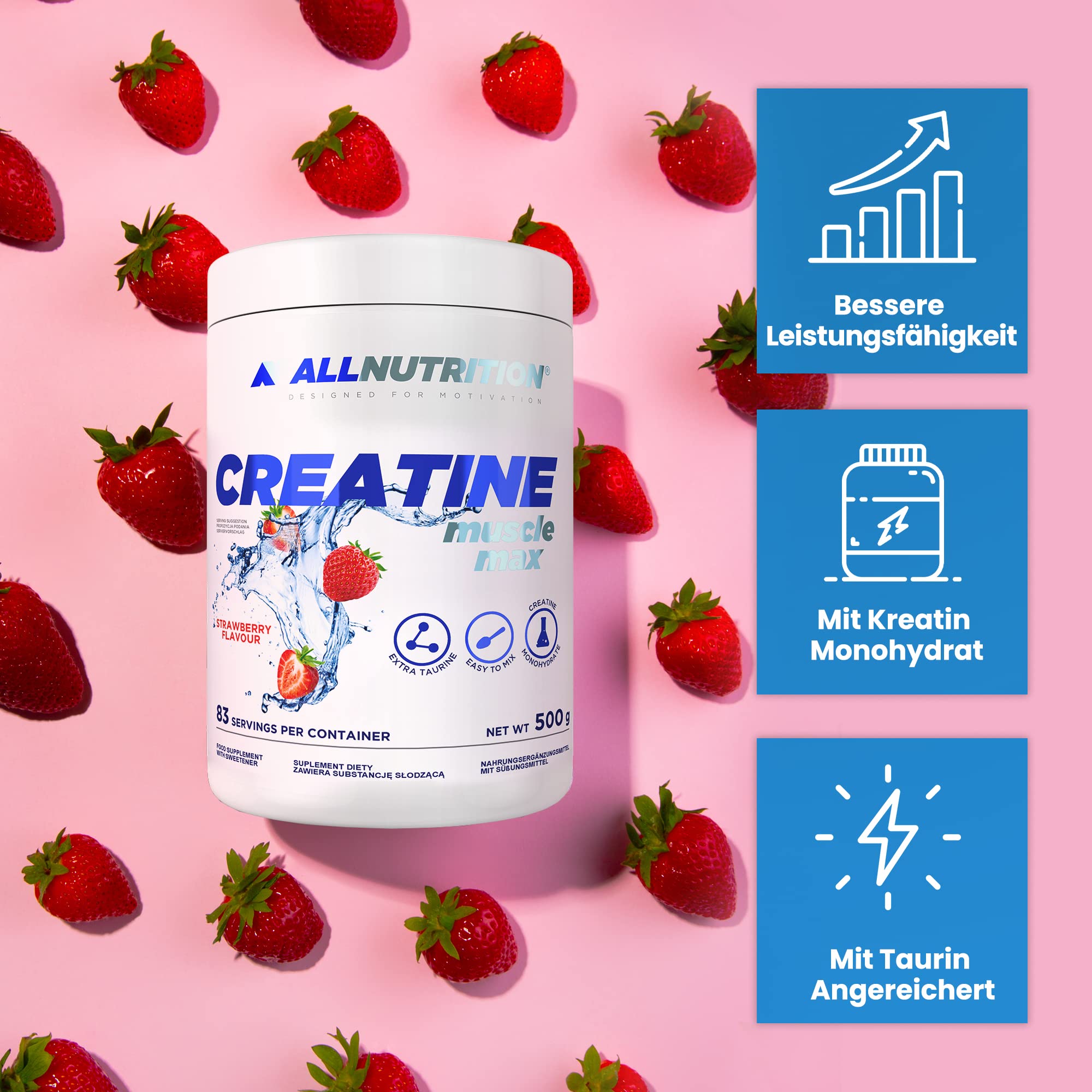ALLNUTRITION Creatine Monohydrate Powder 500g - Muscle Building & Performance Supplement with Taurine - Sugar Free, Strawberry Flavor for Athletes & Gym Enthusiasts - Pre/Post Workout Recovery & Strength Training Support