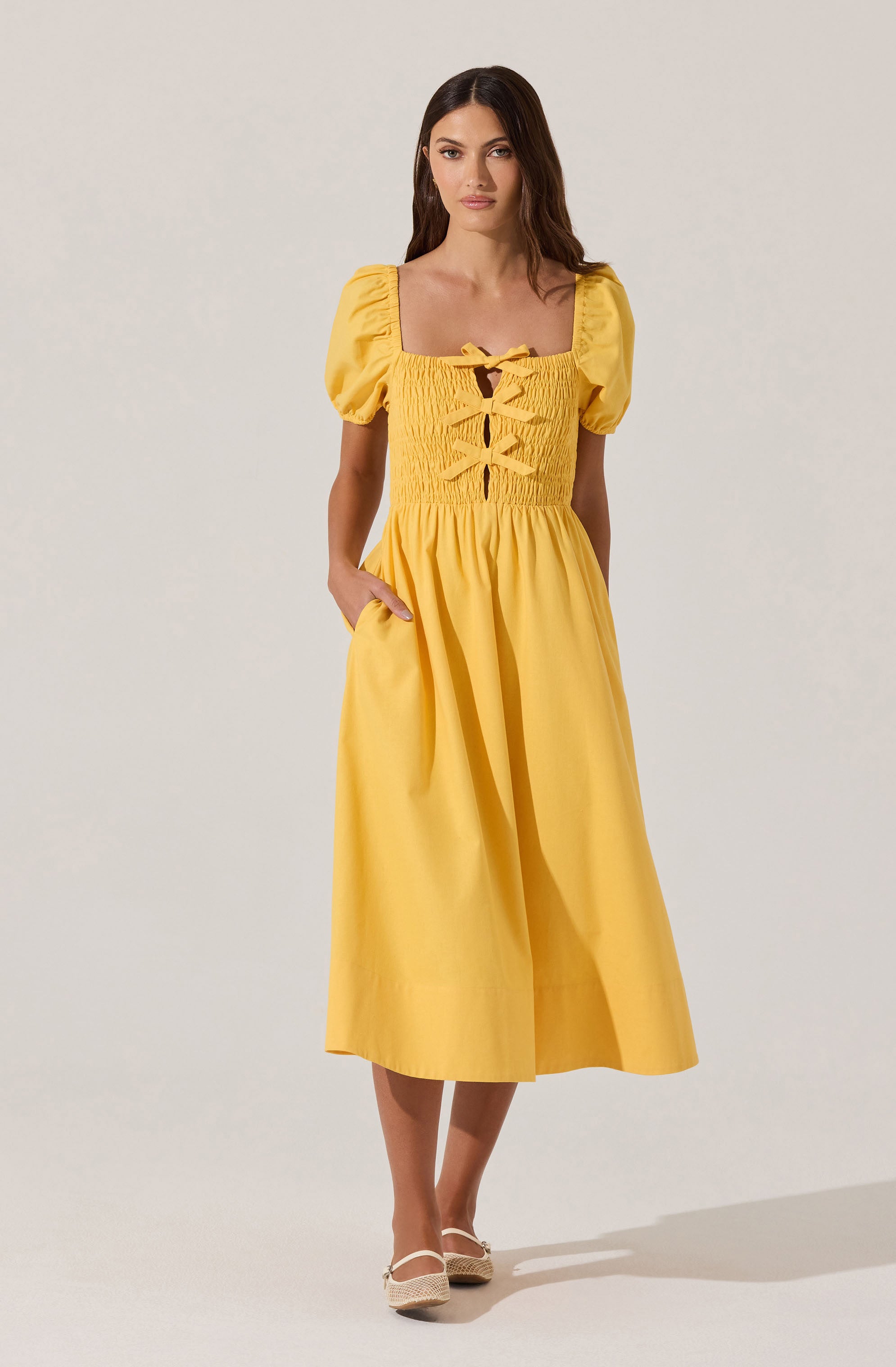 Elegant Smocked Bow Midi Dress for Women - Flowy Summer Dress for Beach, Wedding & Special Occasions