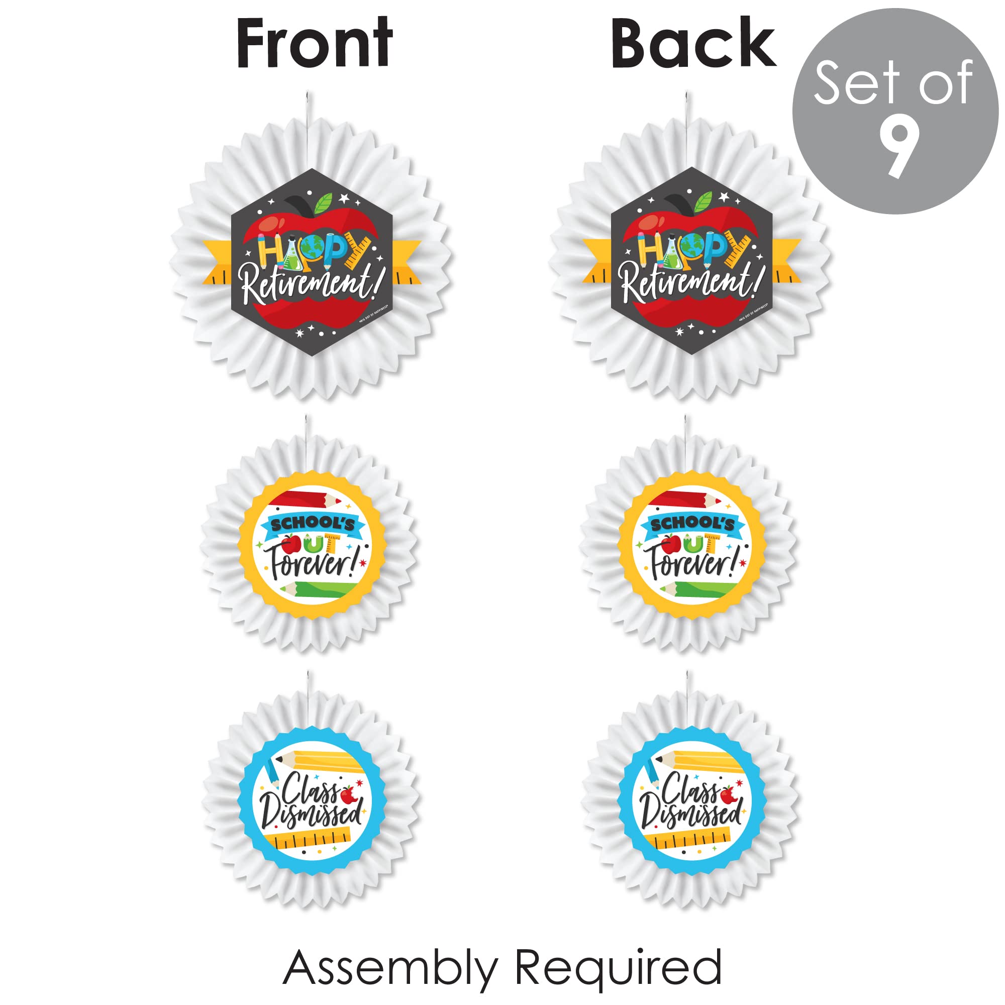 Happy Retirement Party Decorations - Set of 9 Hanging Tissue Paper Fans & Decor Kit for Teacher Retirement Celebrations - Perfect for Classroom, Office & Home Retirement Parties