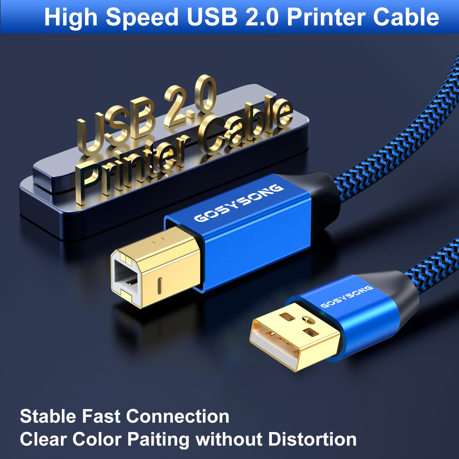 30ft USB 2.0 Printer Cable - High Speed A to B Cord for HP, Canon, Dell, Epson, Xerox Printers - Durable Blue Cable for Home & Office Printing Needs