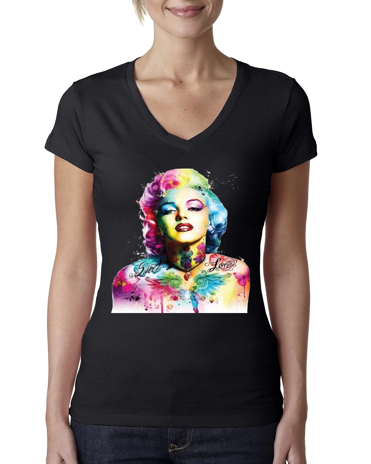 Vibrant Marilyn Multicolor Pop Art V-Neck T-Shirt for Women - Junior Fit Fashion Tee | Perfect for Casual Wear, Pop Culture Events & Retro Themed Parties
