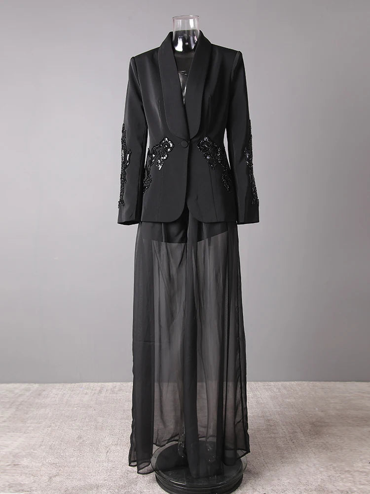 Women's Big Size Sequins Blazer & Mesh Long Pants Two-Piece Suit - Fashionable Lapel Long Sleeve Outfit for Spring/Autumn 2025 (35Z1664) | Perfect for Office Wear, Evening Parties & Special Occasions