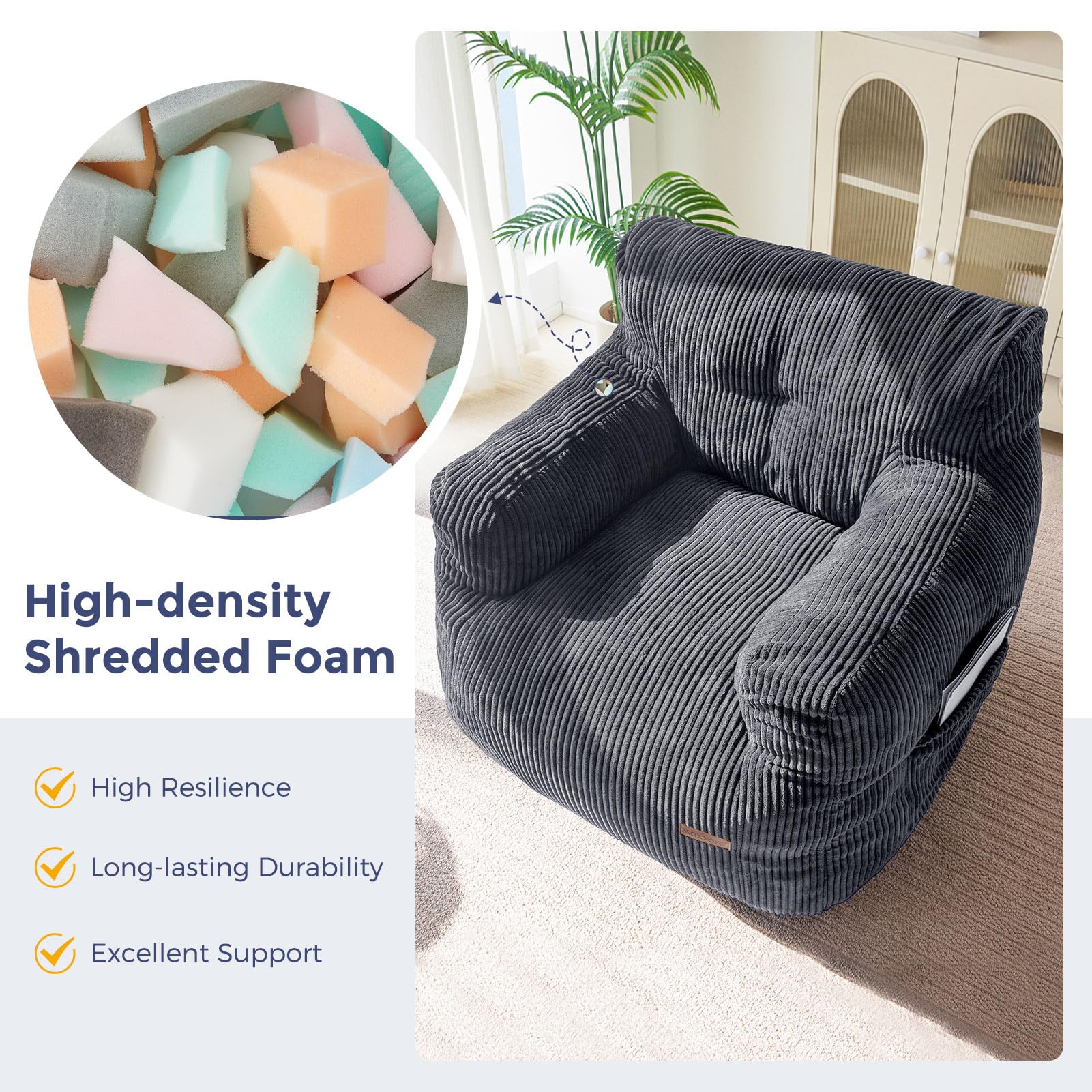 MAXYOYO Tufted Corduroy Bean Bag Chair with Filler - Comfortable Lazy Couch for Adults & Teens in Beige | Perfect for Living Room, Bedroom & Dorm Relaxation