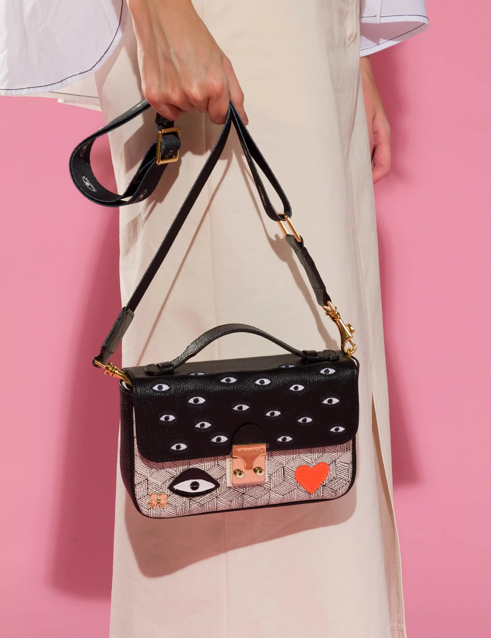 Amantis Black and Cream Leather Crossbody Mini Handbag with All Over Eyes Embroidery - Stylish Small Purse for Women, Perfect for Date Night, Parties, and Everyday Use