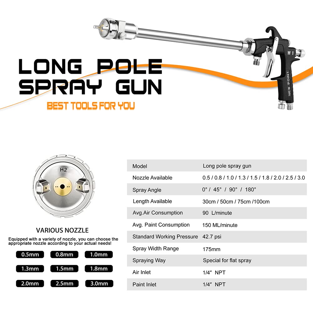 100cm Extension Long Pole Spray Angle Air Spray Gun - High Efficiency Pressure Feed Paint Gun for House & Automotive Painting (0.5mm Nozzle, 0° Spray Angle) | Perfect for Wall Ceiling Painting, Car Bodywork, and Large Surface Coating Projects