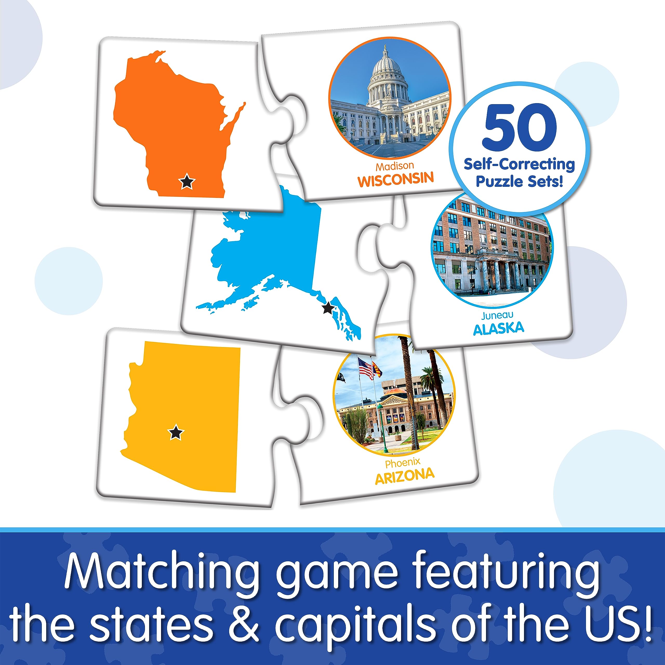 Match It! States & Capitals Puzzle Flash Cards – 50 Self-Correcting Two-Piece Learning Game – Award-Winning Educational Toy for Kids – Perfect for Homeschooling & Classroom Geography Lessons