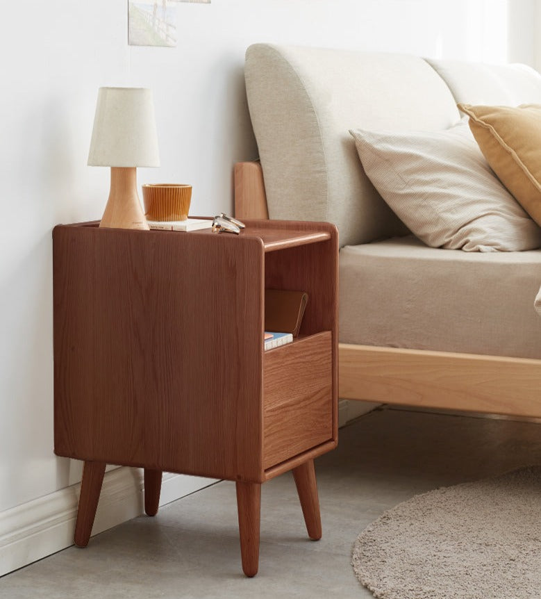 Solid Wood Ultra Narrow Nightstand - Oak, Rubber, Cherry - Perfect for Small Bedrooms, Apartments & Tight Spaces