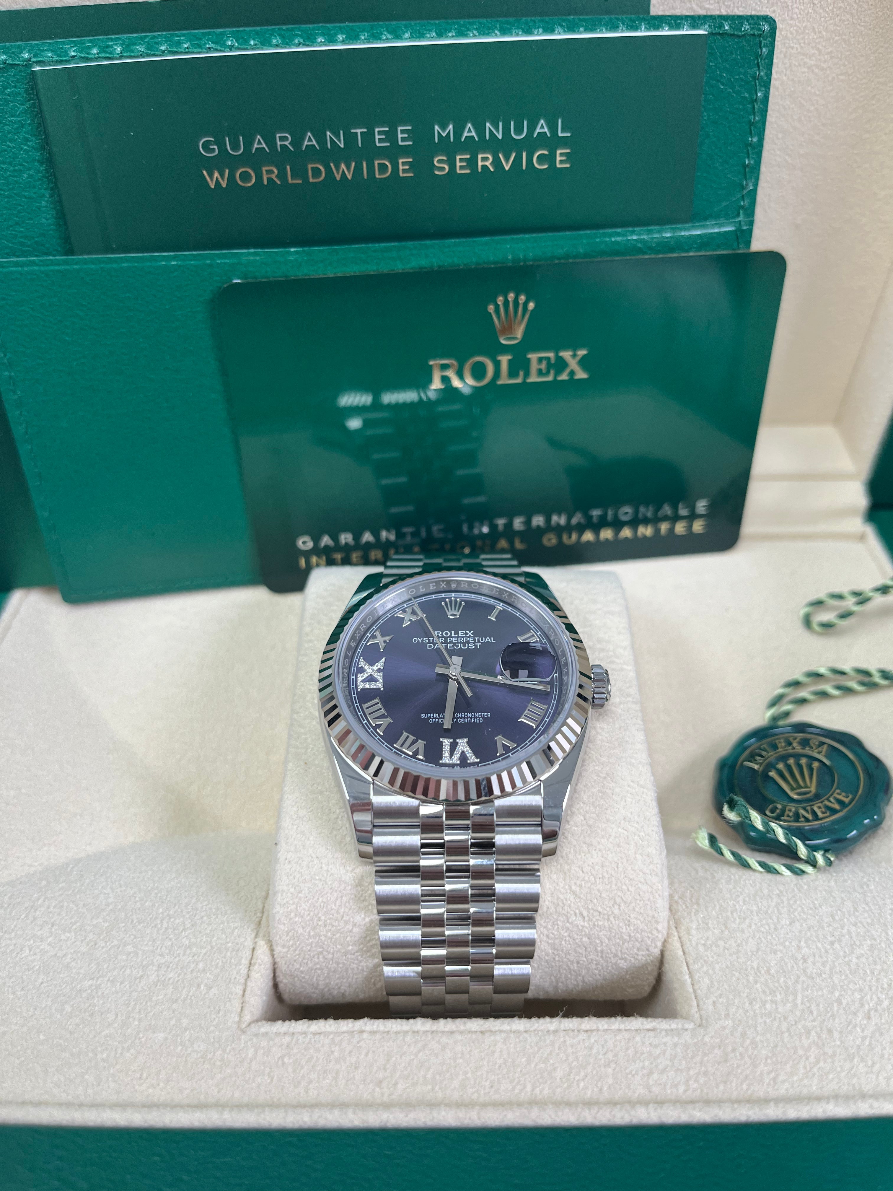 Rolex Datejust 36mm Watch - Fluted Bezel, Aubergine Purple Diamond Dial with Roman VI & IX Markers, Jubilee Bracelet (Ref#126234) - Luxury Dress Watch for Men, Perfect for Business & Formal Occasions