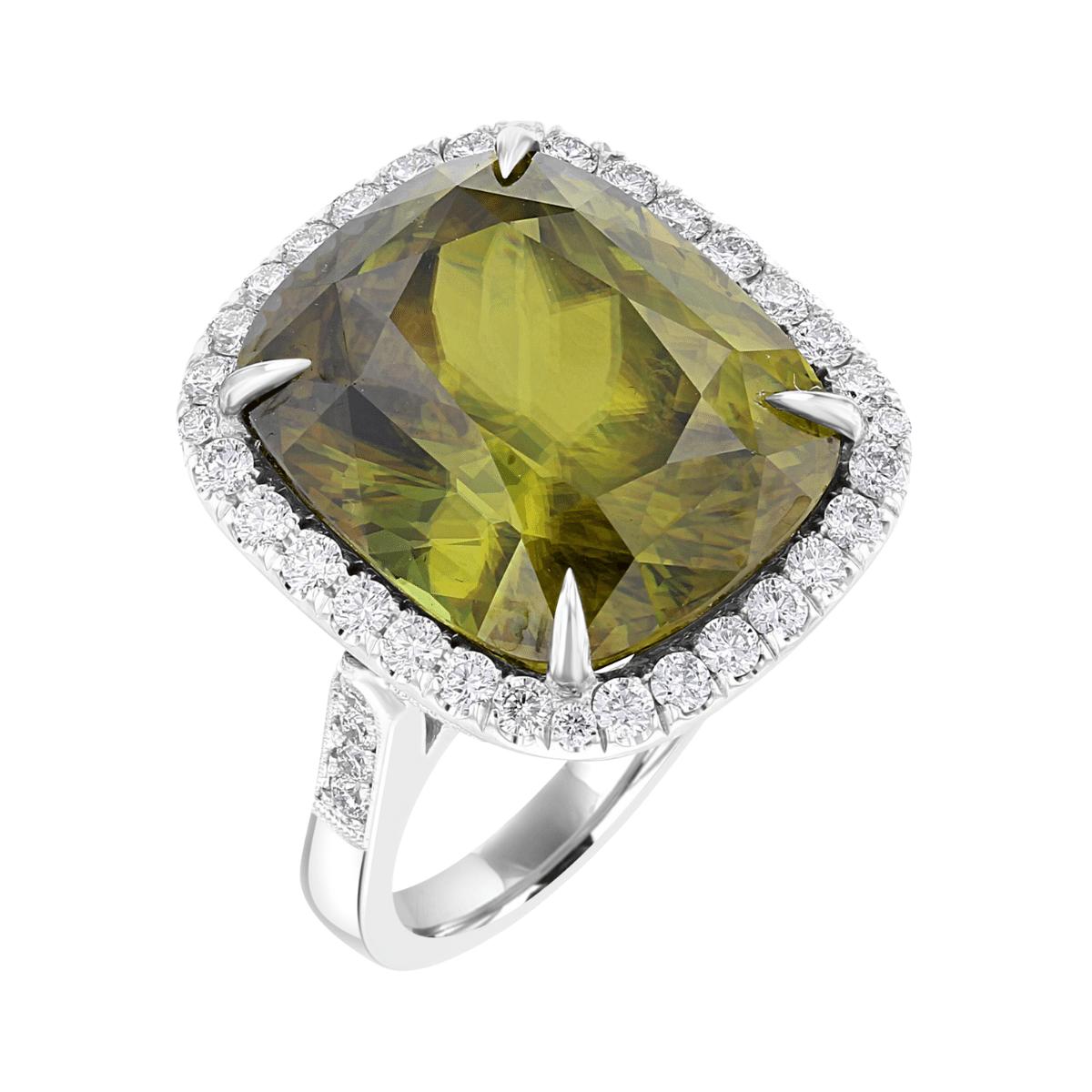 JULEVE 23.19 CT Sphene & 1.53 CTW Diamond Cushion Halo Ring - Elegant Engagement Wedding Jewelry for Women