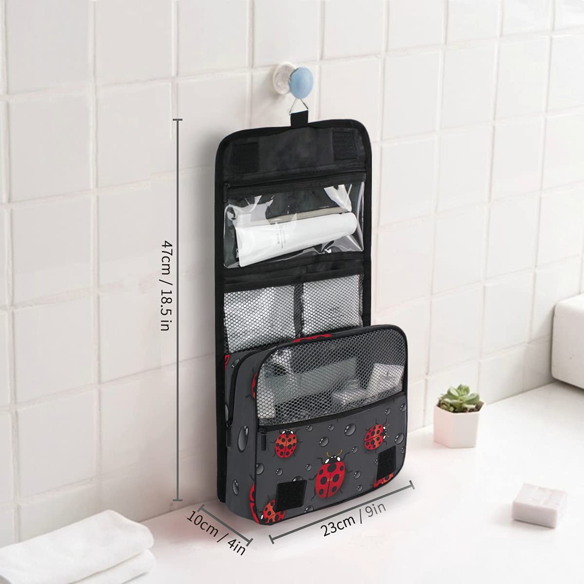 Portable Hanging Toiletry Bag with Cute Ladybug Pattern - Travel Cosmetic Organizer for Makeup & Toiletries - Perfect for Bathroom, Shower & On-the-Go Use - Great Gift for Women & Men