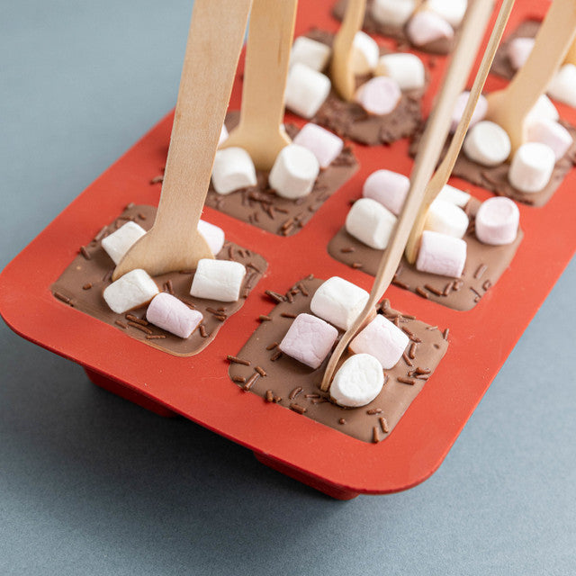 Premium Hot Chocolate Mould Set with 24 Stainless Steel Spoons - Red Silicone Chocolate Maker for DIY Desserts, Holiday Gifts & Party Treats - Perfect for Christmas, Valentine's Day & Family Baking Fun