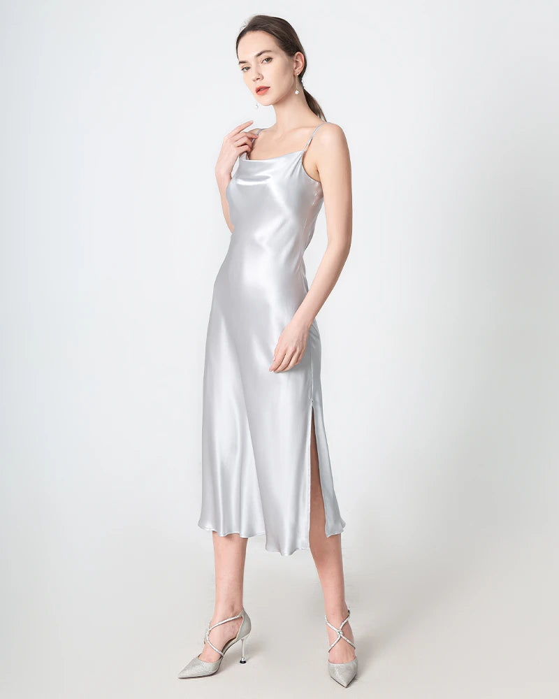 Elegant Slit Cowl Neck Midi Silk Dress for Women - Luxury Party & Evening Wear - Perfect for Weddings, Cocktails & Special Occasions