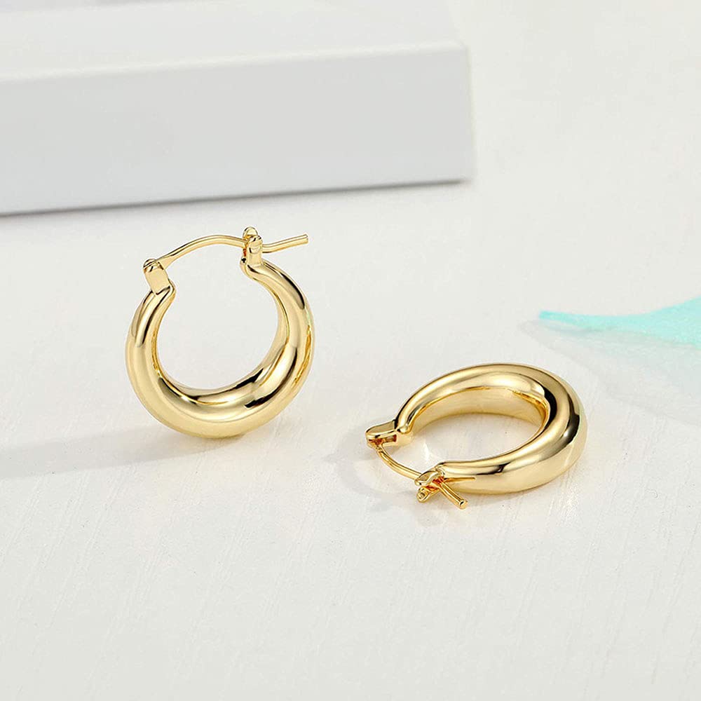 14K Gold Plated Chunky Hoop Earrings for Women - 925 Sterling Silver Post Thick Tube Hoops | Everyday Wear, Party & Gift Giving