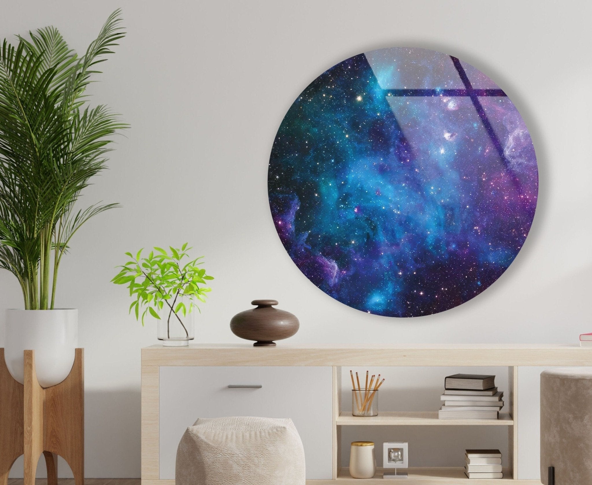 Abstract Round Space-Themed Glass Wall Art - Modern Home & Office Decor for Living Room, Bedroom, or Office Spaces