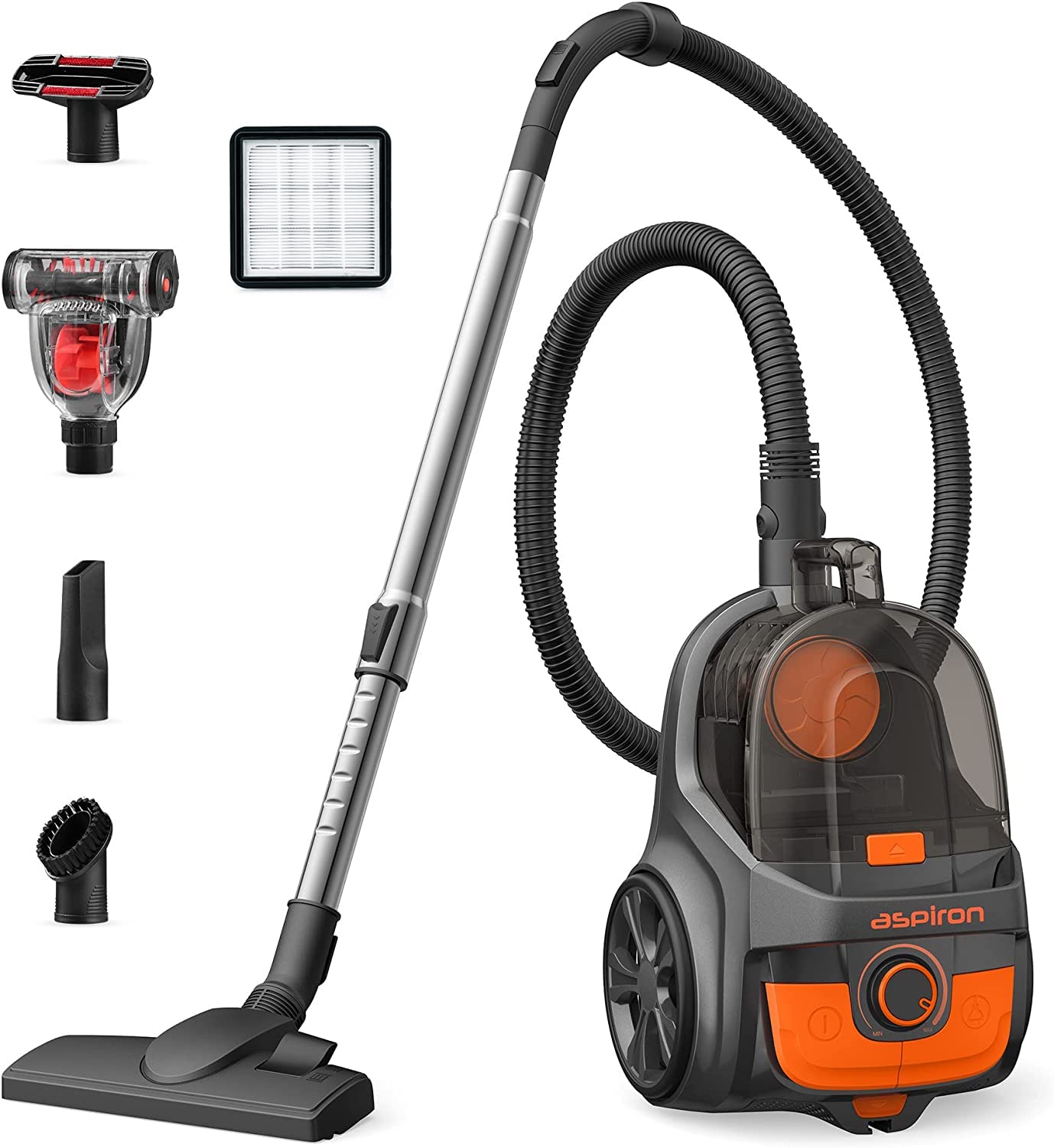 Powerful 24Kpa Aspiron Bagless Canister Vacuum Cleaner - 1200W Lightweight Design, 3.7QT Large Dust Cup, Double HEPA Filtration, Retractable Cord with 5 Attachments for Hard Floors & Carpets (Black) - Ideal for Home Cleaning, Pet Hair Removal & Allergy Relief