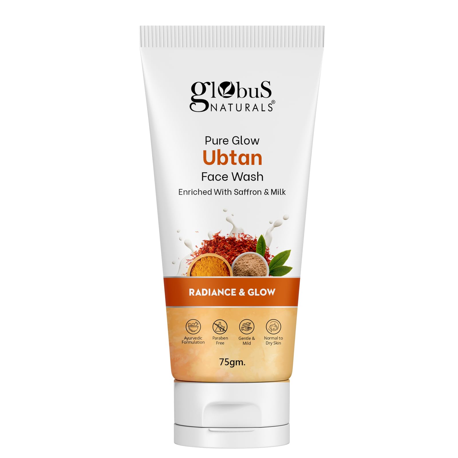 Globus Naturals Pure Glow Ubtan Face Wash with Saffron & Milk - Natural Gentle Cleanser for Radiant Skin | All Skin Types | 75g | Perfect for Daily Skincare Routine & Brightening Dull Complexion