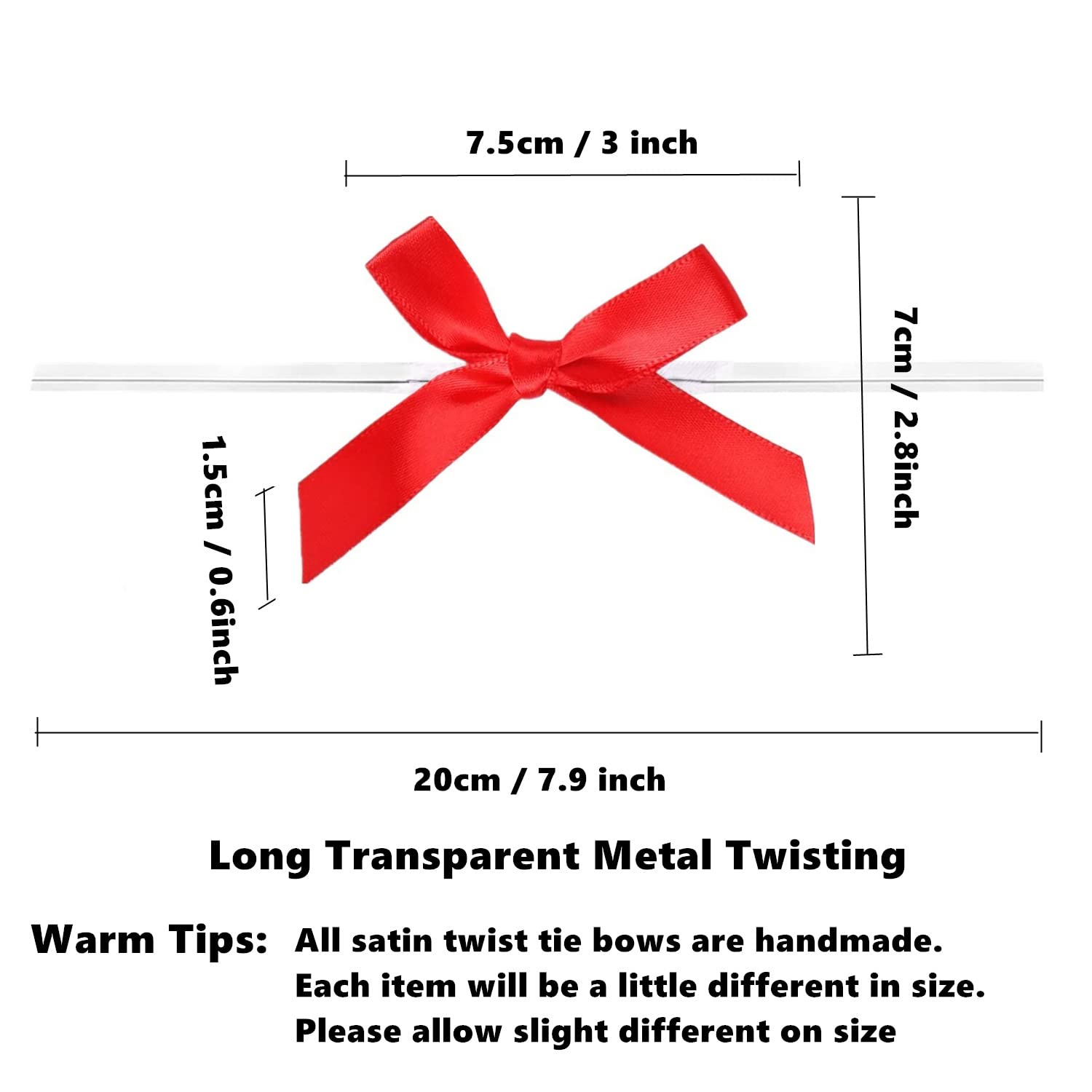 100 Pieces Red Satin Bow Twist Ties for Gift Wrapping, Cake Pops & Treat Bags - Pre-Tied Decorative Ribbon Bows for Party Favors, Wedding Decor & DIY Crafts