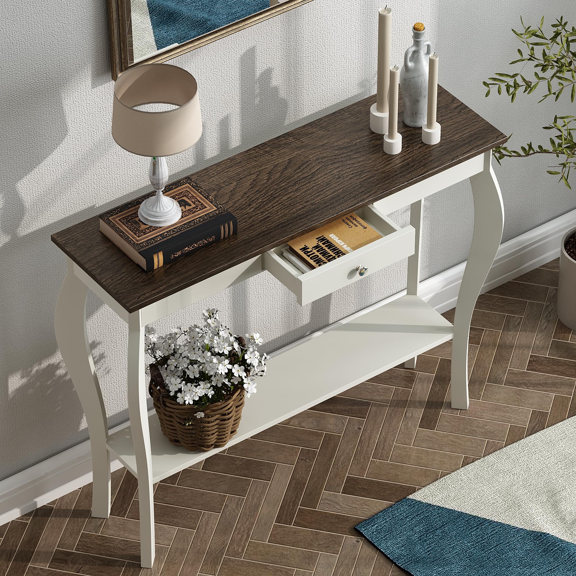 ChooChoo Narrow Farmhouse Console Table with Drawer - Chic Accent Sofa Entryway Table with Shelves - Antique White & Brown - Perfect for Entryway, Living Room, Hallway & Small Space Decor