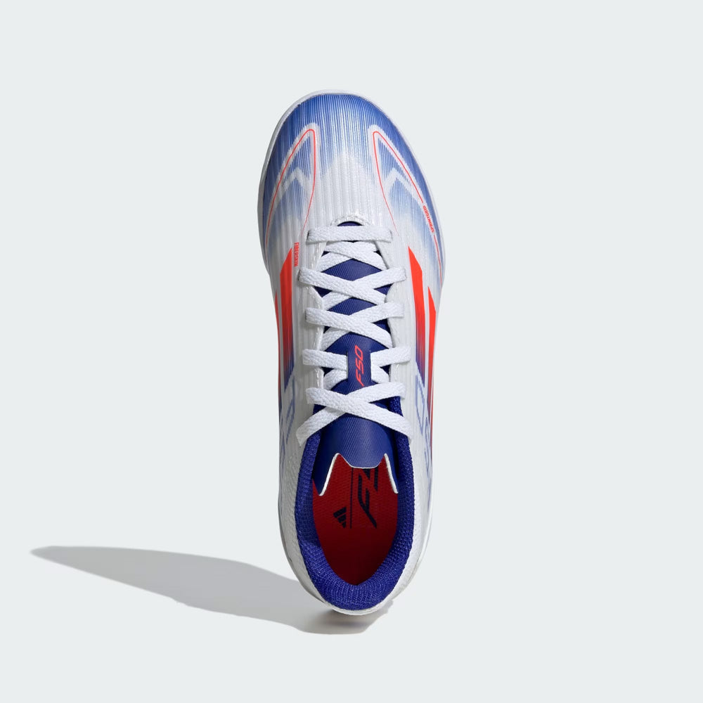 Adidas F50 League Junior Indoor Soccer Shoes for Kids - White/Solar Red/Lucid Blue - Perfect for Indoor Training & Youth Football Games