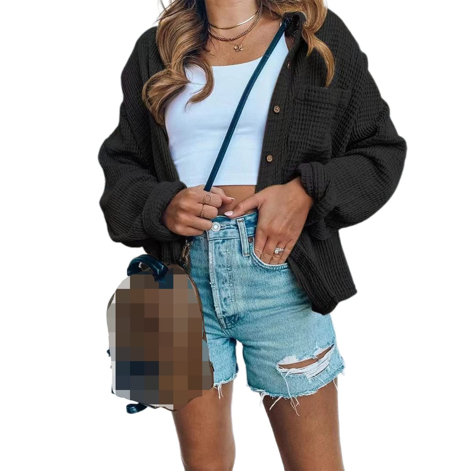 Women's Waffle Knit Shacket - Button Down Long Sleeve Shirt Jacket with Pocket | Loose Fit Casual Top for Fall & Winter | Perfect for Layering, Outdoor Activities and Office Wear