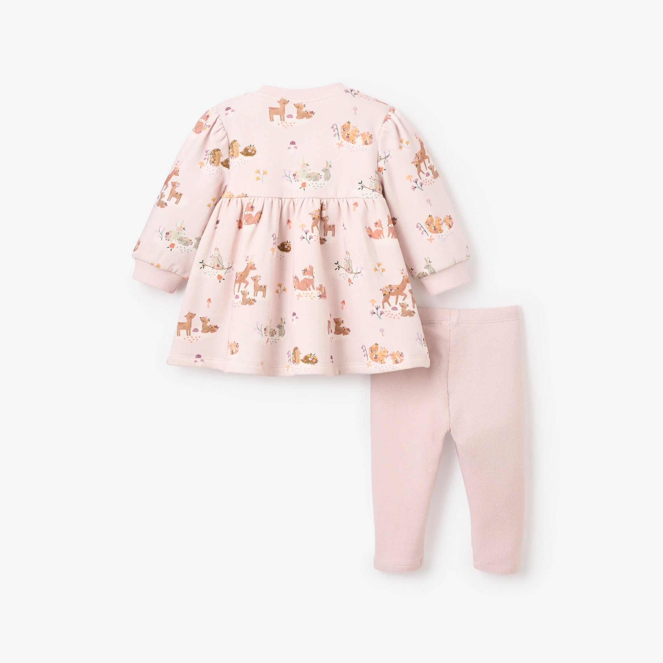 Organic Printed Fleece Dress & Rib Legging Set for Baby Girls - Forest Family Matching Outfit - Cozy Winter Playdate & Photoshoot Outfit