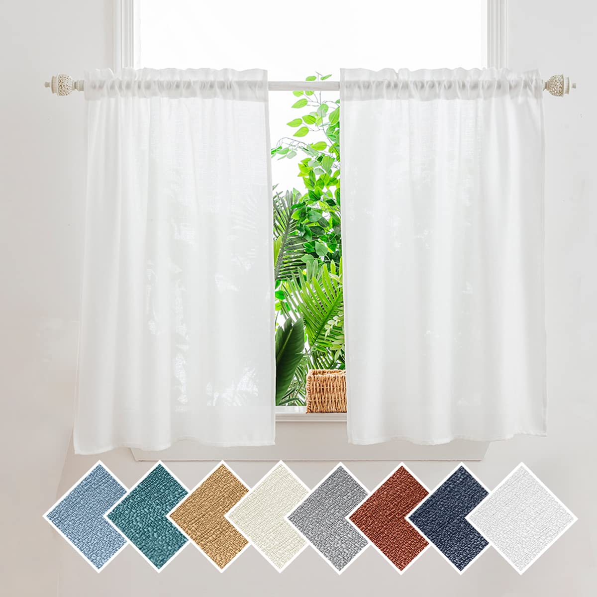 Yancorp White Farmhouse Kitchen Curtains 24x24 Inches - Linen Textured Short Tier Cafe Curtains for Small Windows, Bathroom & Laundry Room - Perfect for Rustic Kitchens, Cozy Bathrooms & Charming Laundry Spaces (White, W24xL24)