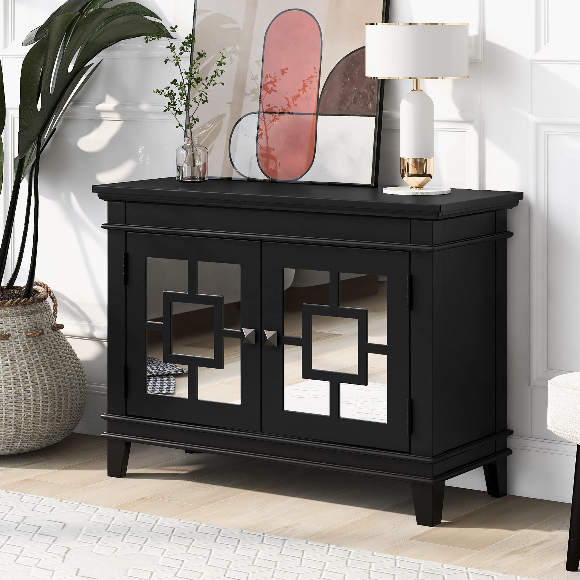 Elegant Black Wooden Mirror Door Accent Cabinet - Entryway Console Table, Buffet Sideboard & Storage Cabinet for Living Room, Bedroom & Hallway - Perfect for Home Decor, Organizing & Serving Guests