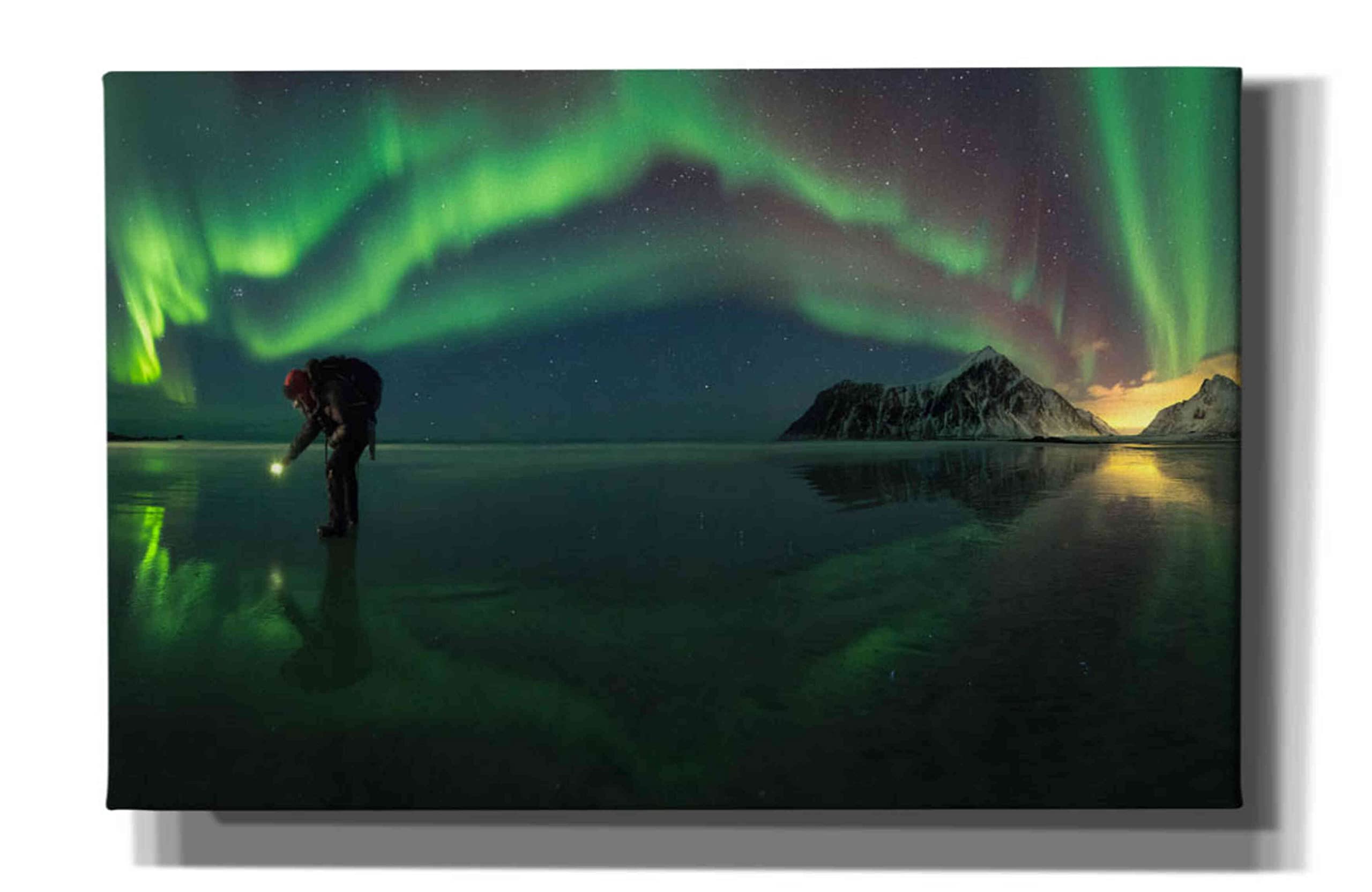 Epic Graffiti 'Person On Ice During Northern Lights' Giclee Canvas Wall Art - 40x26 Inches - Aurora Borealis Landscape Painting - Perfect for Living Room, Bedroom & Office Decor