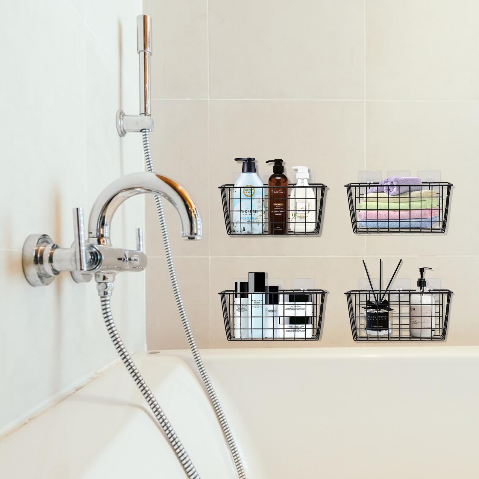 4-Pack Adhesive Wall Mounted Hanging Kitchen Baskets - No Drill Small Wire Storage Baskets for Pantry, Bathroom & Shelf Organization - Perfect for Spices, Utensils & Toiletries Storage