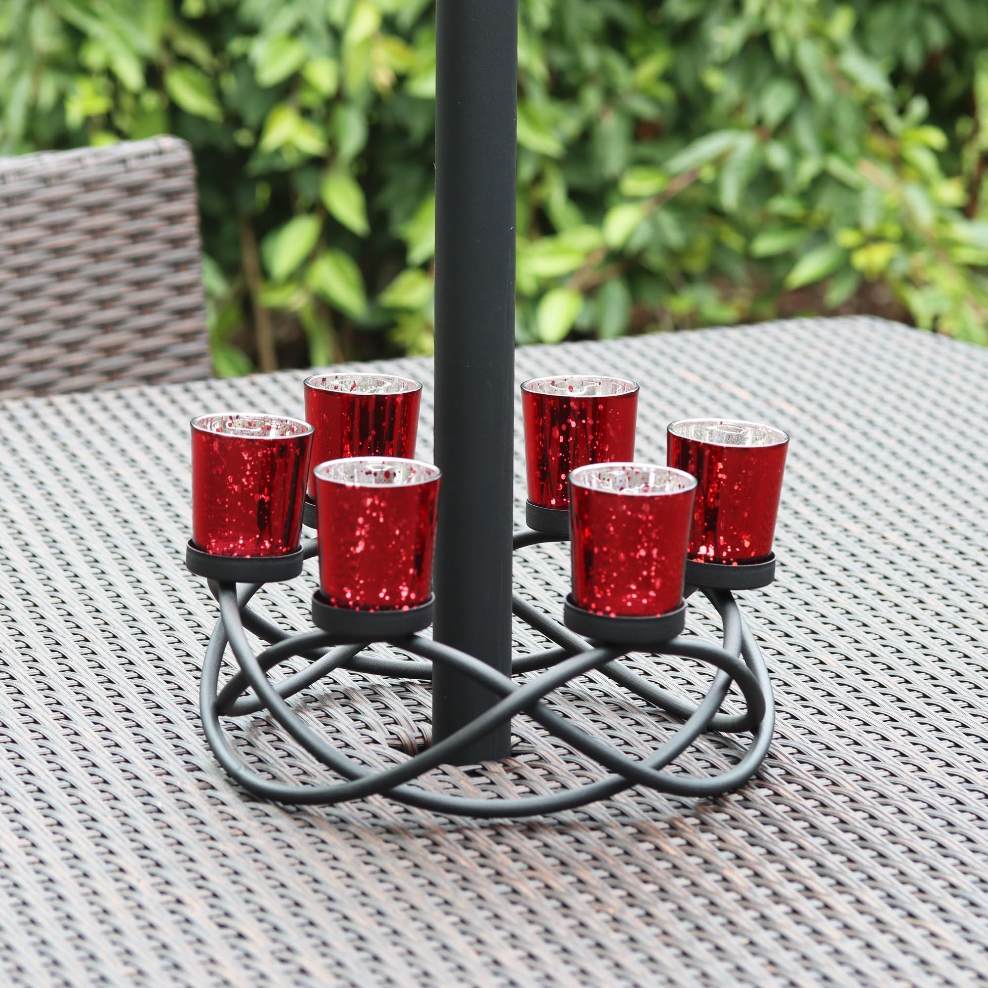 Seraphic Iron Round Table Centerpiece with Glass Votive Tealight Holders - Elegant Black Candle Holder for Weddings, Parties, Outdoor Patio, Kitchen, Dining Room & Coffee Tables (Set of 6 with Red Cups) - Perfect for Romantic Dinners, Holiday Decor & Home Accents