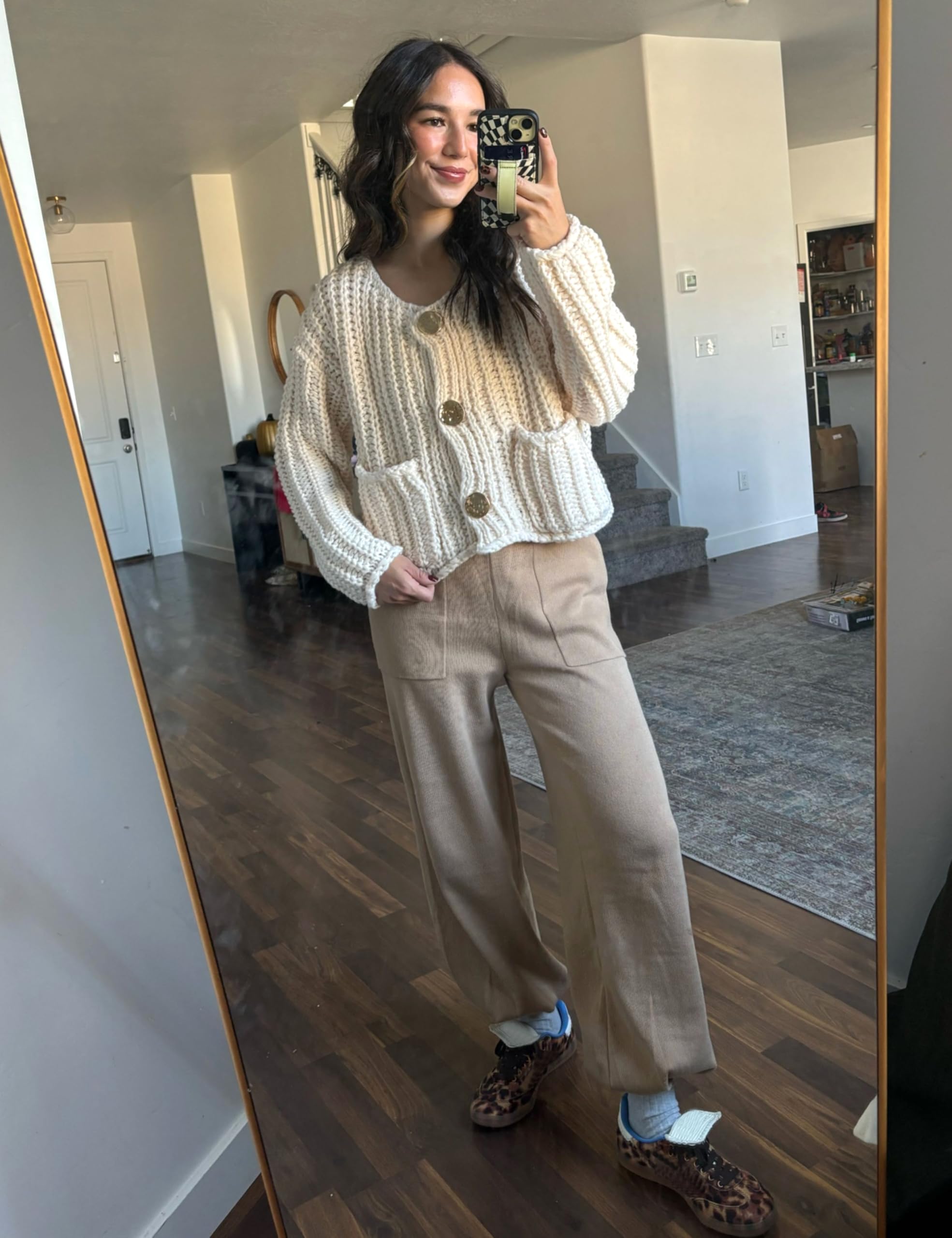 Women's Chunky Knit Cardigan with Gold Buttons - Long Sleeve Cropped Crochet Sweater for Fall | Cozy Layering for Autumn Outfits & Casual Office Wear
