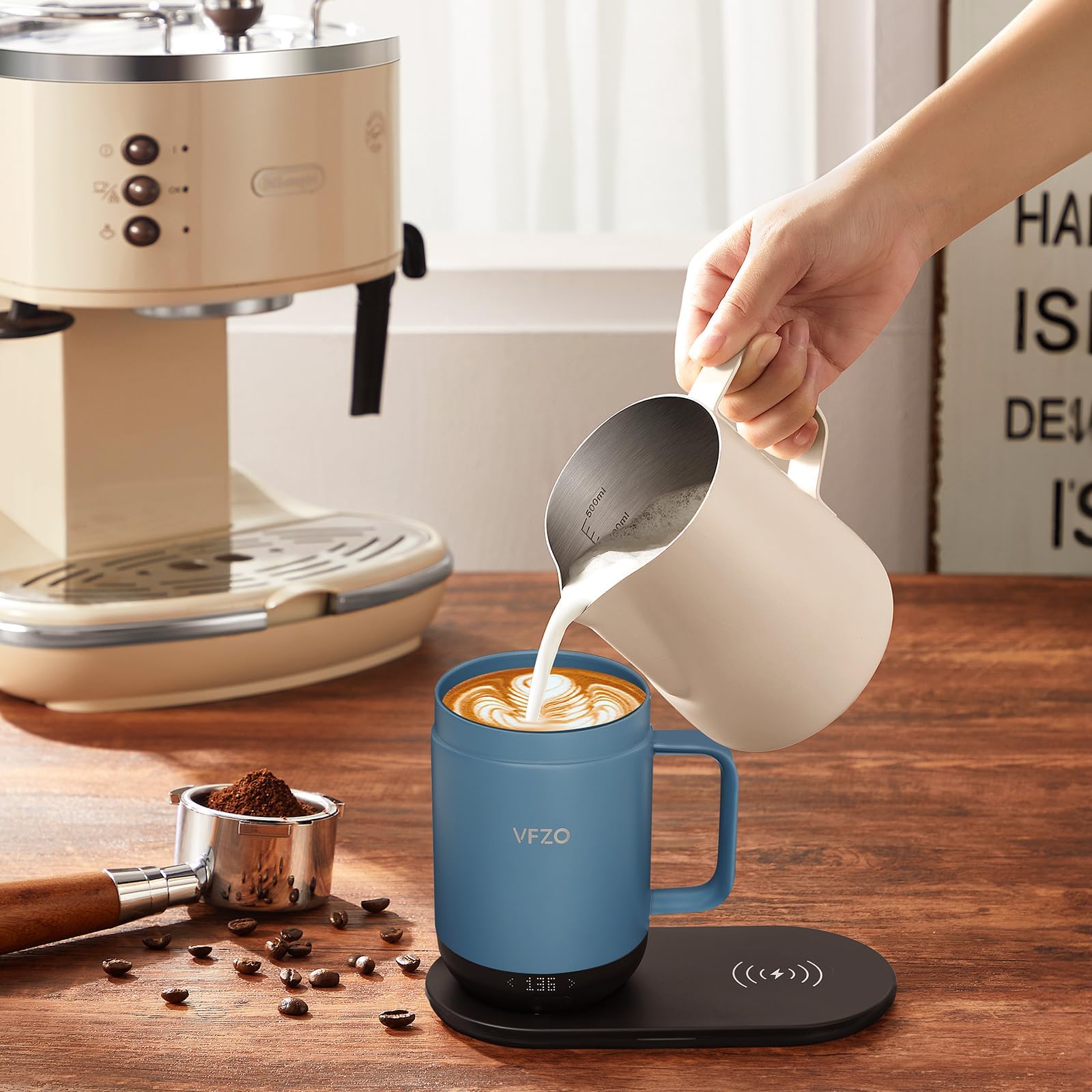 16oz Smart Self-Heating Coffee Mug with Temperature Control & LED Display - 180 Min Battery Life, Fast Wireless Charging Base (149℉ Max) - Perfect for Office, Travel & Home Use - Slate Blue