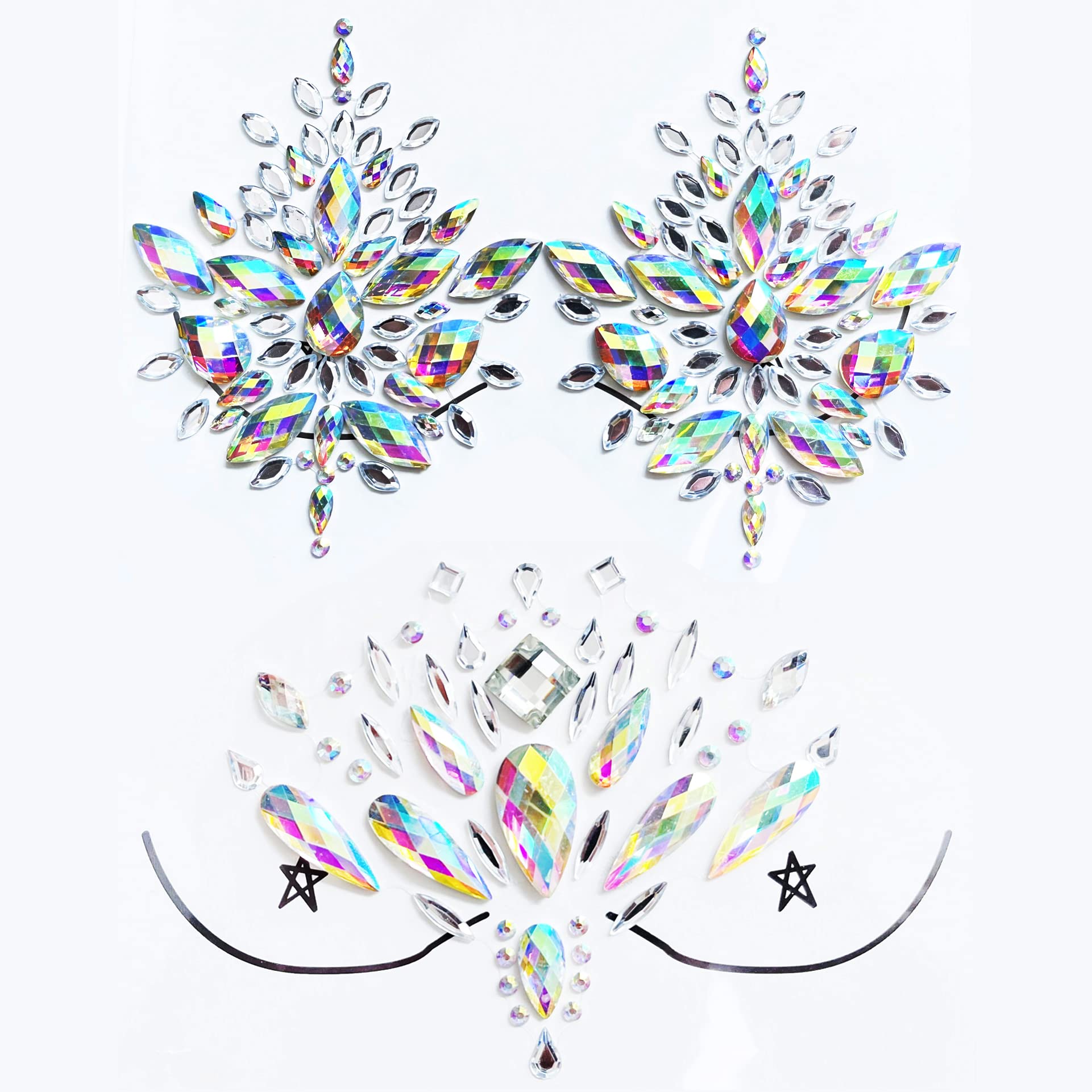 Rhinestone Body Stickers - 2-Sheet Mermaid Gem Set for Face & Body Jewelry | Shimmering Temporary Tattoos for Halloween, Rave Parties, Festivals & Costume Outfits | Perfect for DIY Makeup, Nail Art & Festival Accessories