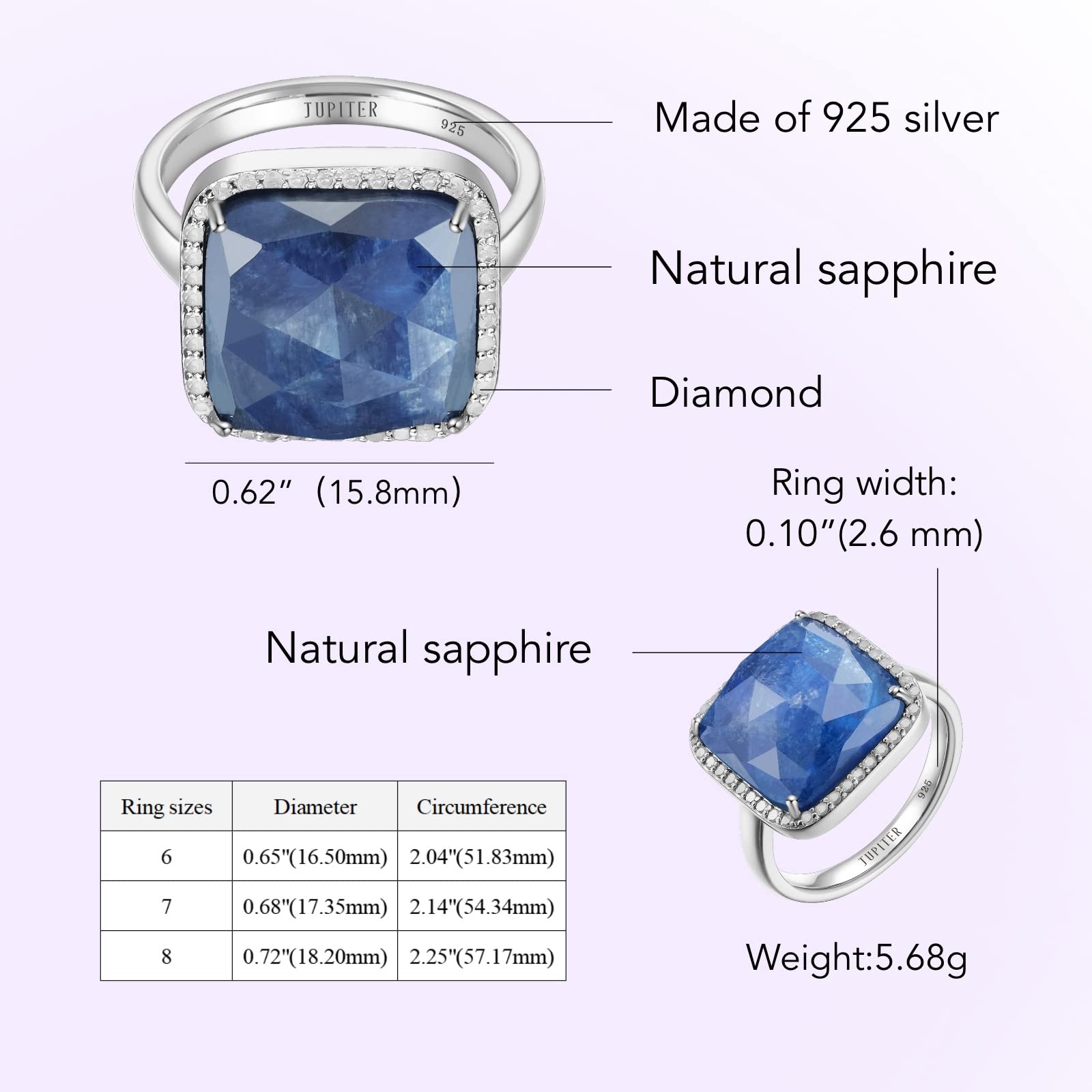 Jupiter Natural Gemstone Rings for Women - 925 Sterling Silver Genuine Birthstone Square Ring with Diamonds | Elegant Jewelry Gift for Valentine's Day, Birthday, Anniversary & Special Occasions (Sizes 6,7,8 Available)