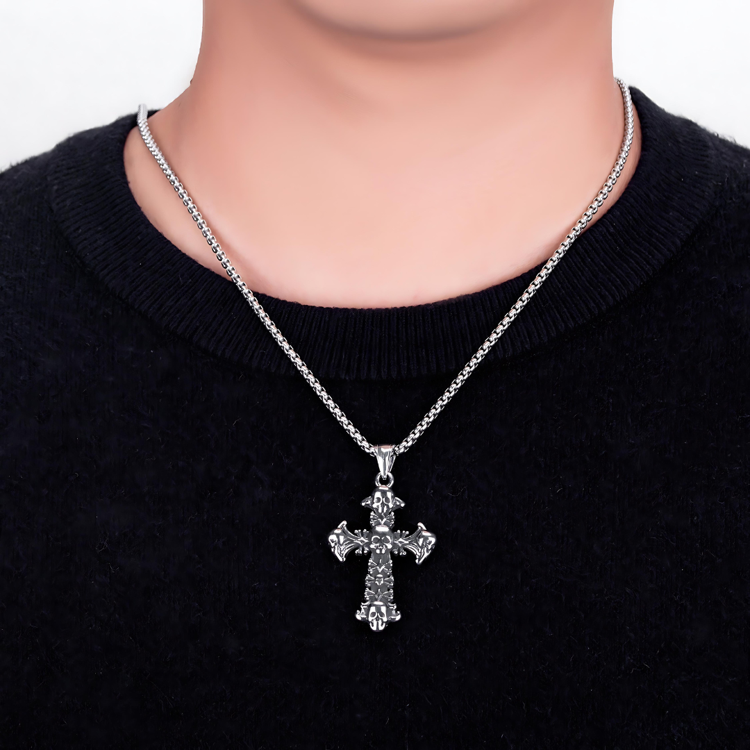 Halloween Skull Cross Pendant Herringbone Chain Necklace - Gothic Jewelry for Women | HL027 | Perfect for Costume Parties, Cosplay & Dark Fashion Accessories