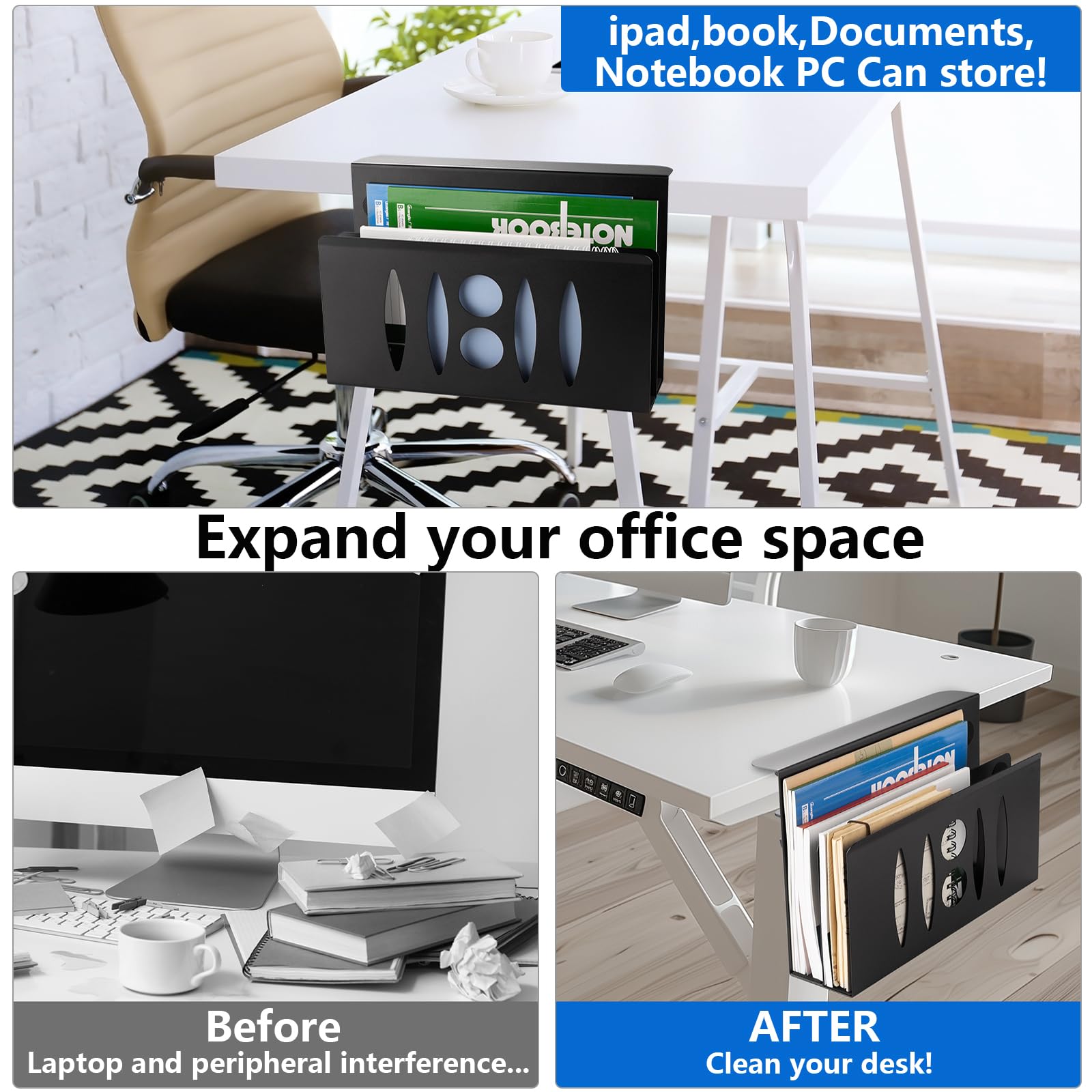 2 Tier Under Desk Storage Organizer - No Drill Steel Hanging Desk Shelf for Laptop & Office Supplies | Space Saving Desk Organizer for Home Office & Workspace (Black)