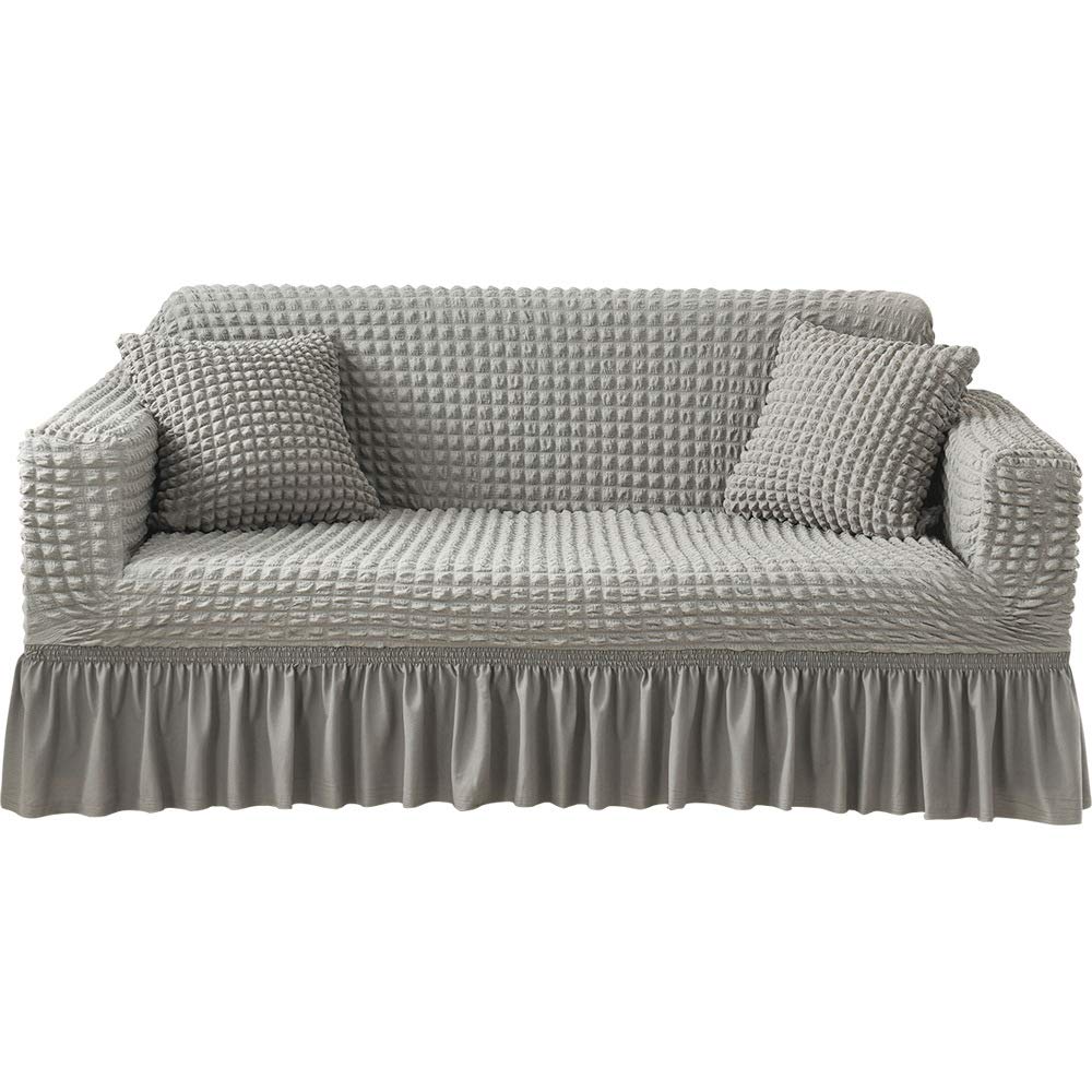 Stretchable Durable Jacquard Sofa Slipcover with Skirt - Washable Furniture Protector, Easy Fit Couch Cover in Grey Lattice Pattern | Perfect for Living Room, Family Room & Home Decor Protection
