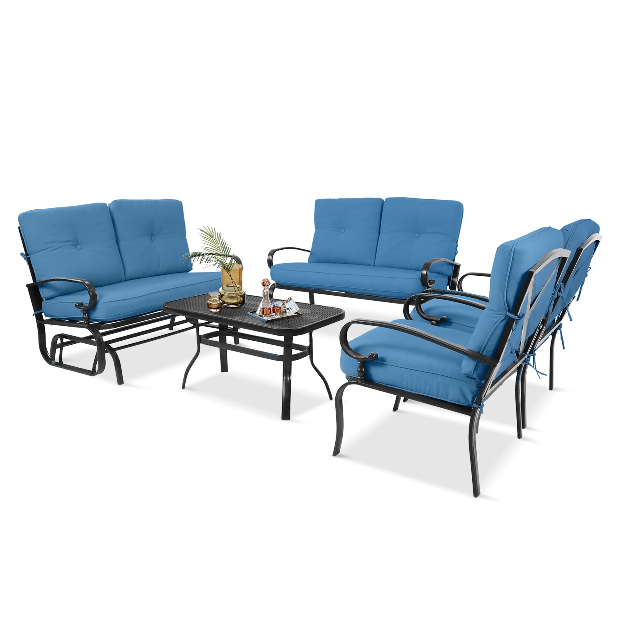 5-Piece Outdoor Patio Furniture Set with Glider, Loveseat, Coffee Table & 2 Cushioned Lounge Chairs - Peacock Blue - Perfect for Garden, Backyard, Poolside & Patio Relaxation