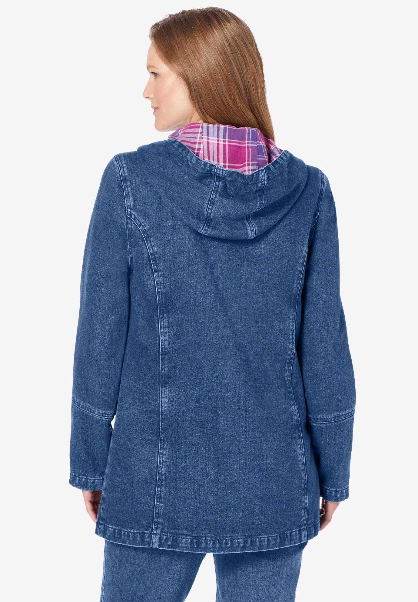 Woman Within Plus Size Flannel-Lined Denim Jacket with Removable Hood - Long Oversized Jean Coat for Women - Perfect for Fall & Winter Outdoor Activities, Casual Wear and Layering