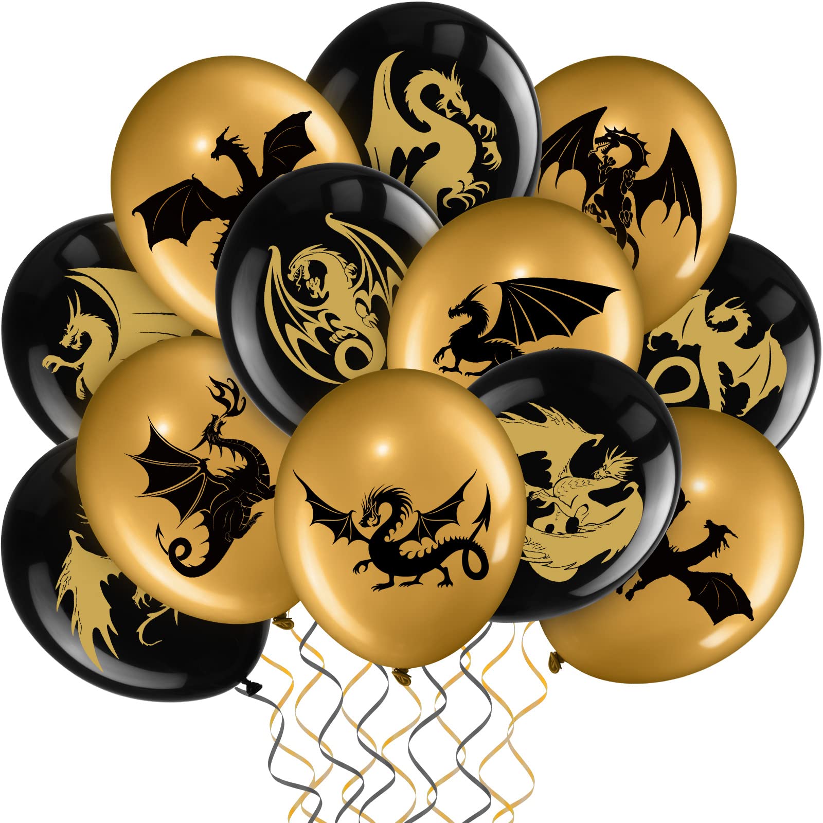 Zomiboo 50-Piece Dragon Theme Party Supplies Set - Black Gold Fantasy Birthday Decorations with 12-Inch Balloons for Medieval, D&D, and Fantasy Themed Parties