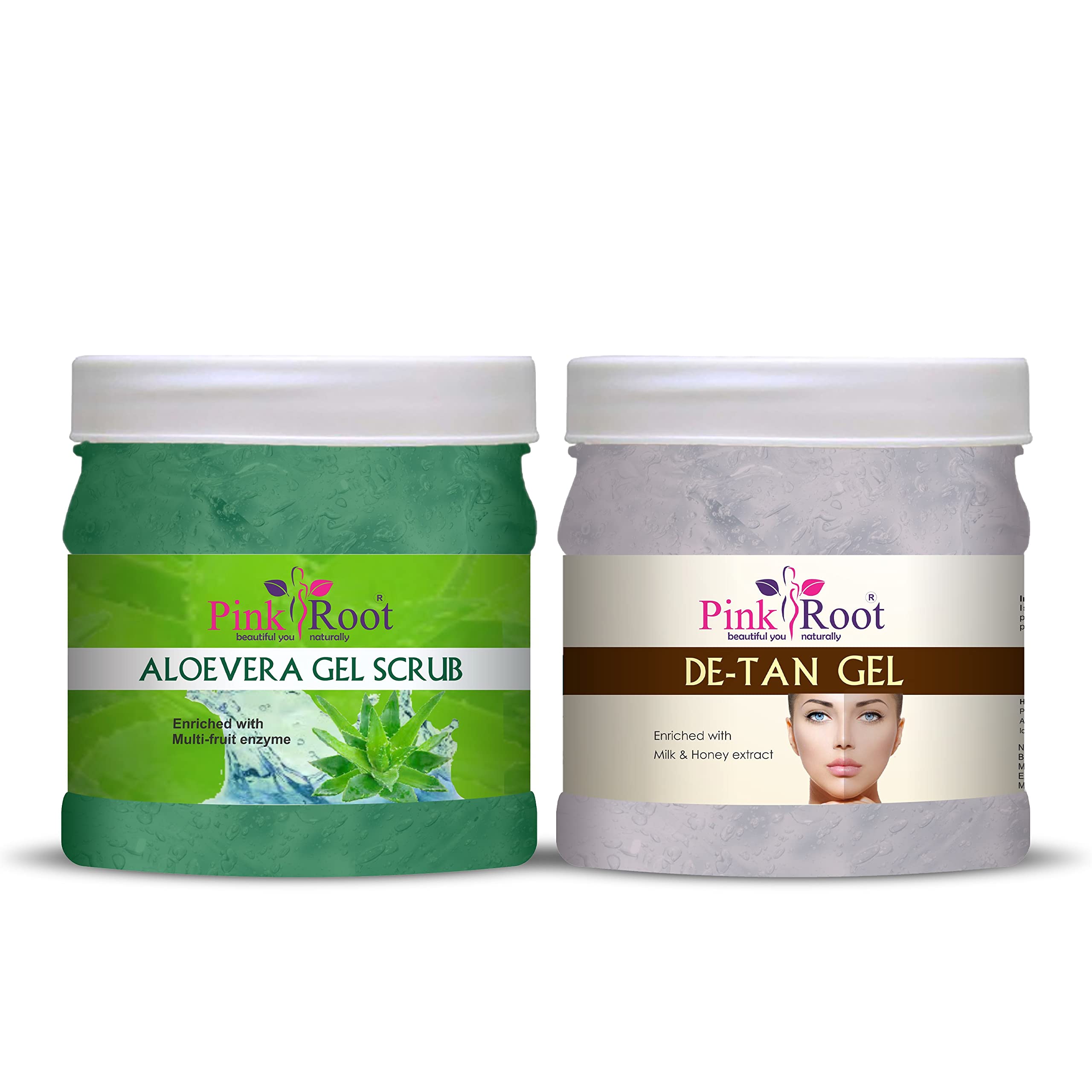 Organic Pink Root Aloe Vera Face & Body Scrub 500g + De-Tan Brightening Gel 500g - Exfoliating & Skin Brightening Combo for Acne, Dark Spots & Sun Tan Removal | Perfect for Daily Skincare Routine & Post-Sun Care