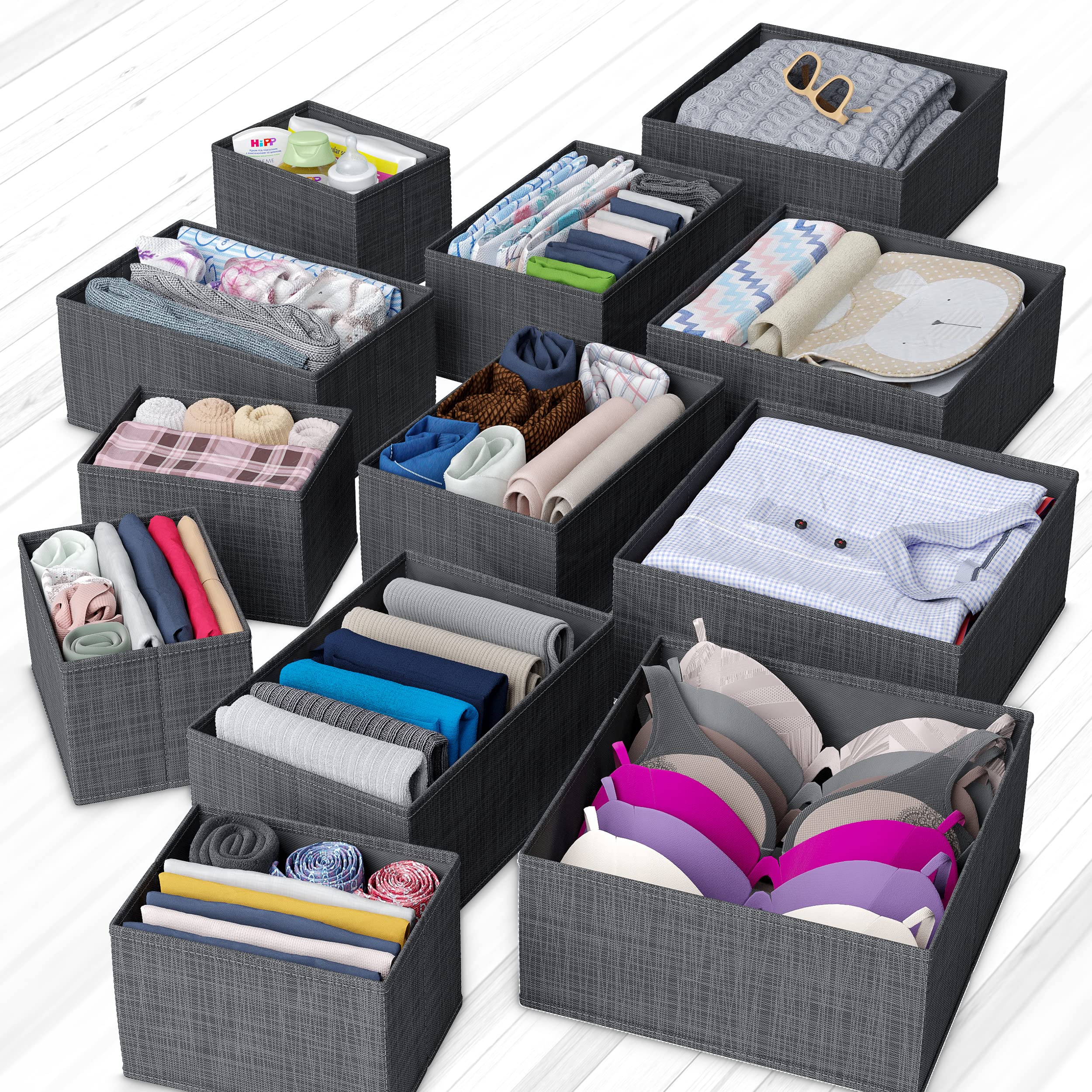 12-Piece Dark Grey Drawer Organizer Set for Clothes - Perfect for Nursery, Bedroom & Closet Storage | Baby Clothes Organizer | Dresser Drawer Dividers | Ideal for Newborn Essentials, Socks & Undergarments Organization