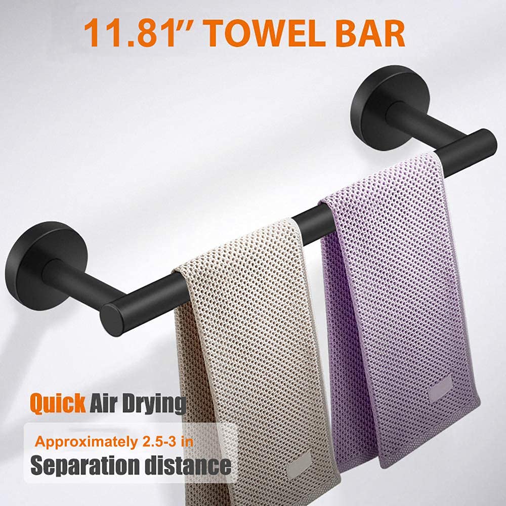 3-Piece Bathroom Hardware Set - 304 Stainless Steel Towel Bar, Toilet Paper Holder & Robe Hooks - Matte Black Finish - Modern Bathroom Accessories for Home, Apartment, Hotel (11.81
