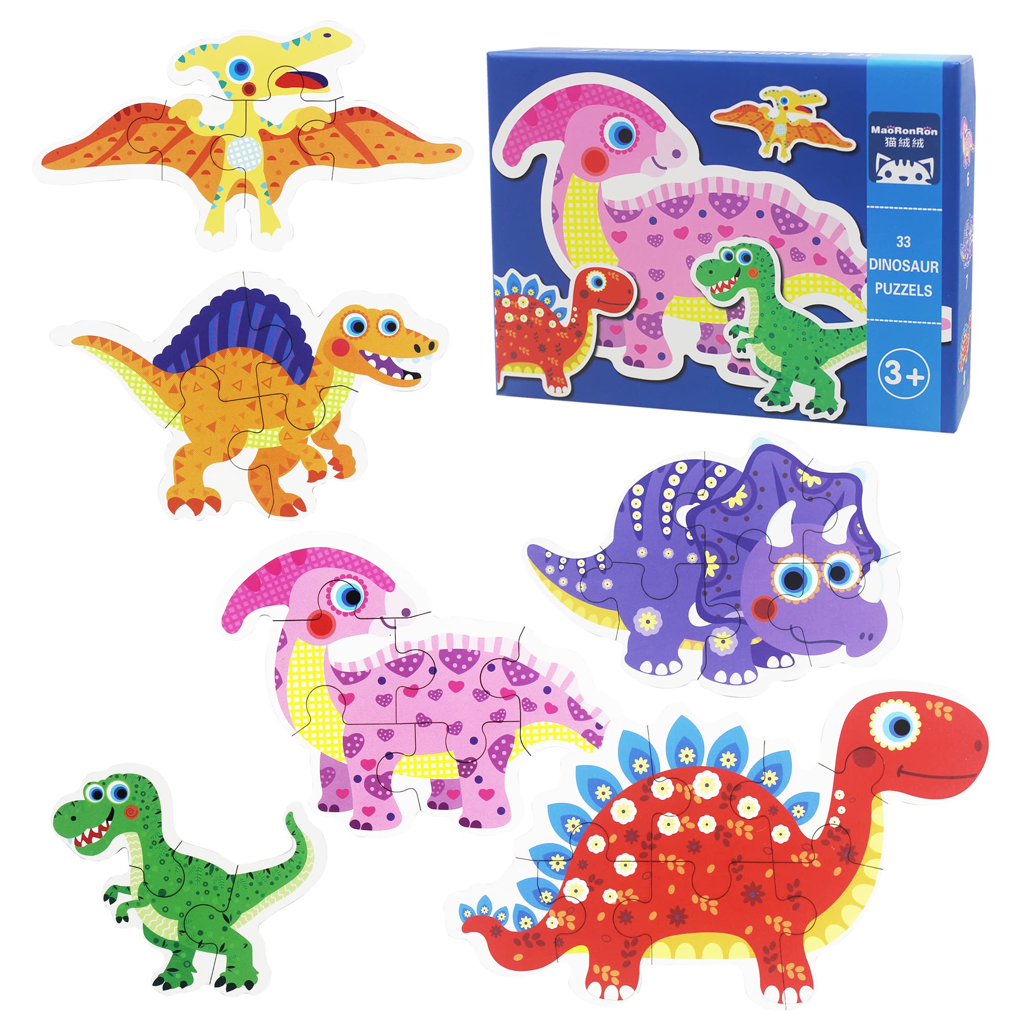 Dinosaur Wooden Jigsaw Puzzles for Toddlers - 6 Pack Montessori Toys for Kids Ages 1-5, Perfect for Preschool Learning & Playtime