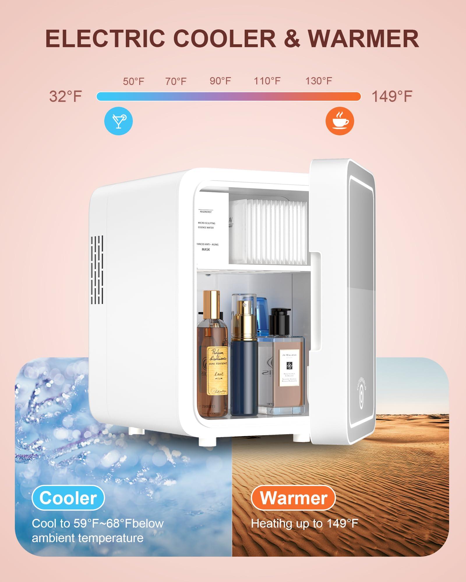Mini Skincare Fridge with Dimmable LED Light Mirror - 4L Portable Cosmetic Cooler & Warmer for Makeup, Perfumes, Face Masks & Snacks - Perfect for Bedroom, Office, Dorm & Car Travel - Compact White Beauty Refrigerator for Skincare Routine & Food Storage
